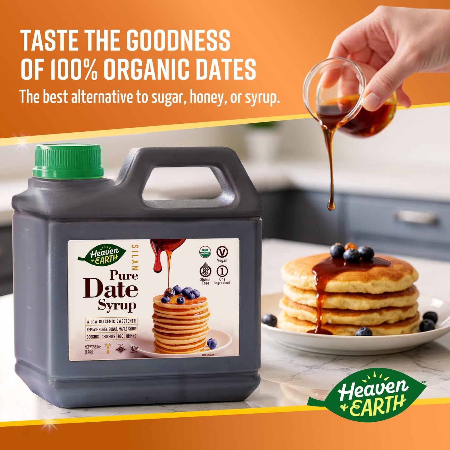 Heaven & Earth 100% Organic Date Syrup, Silan, 52.8oz (2 Pack = 6.6lb) | Just 1 Ingredient | All Natural Honey Alternative | Low