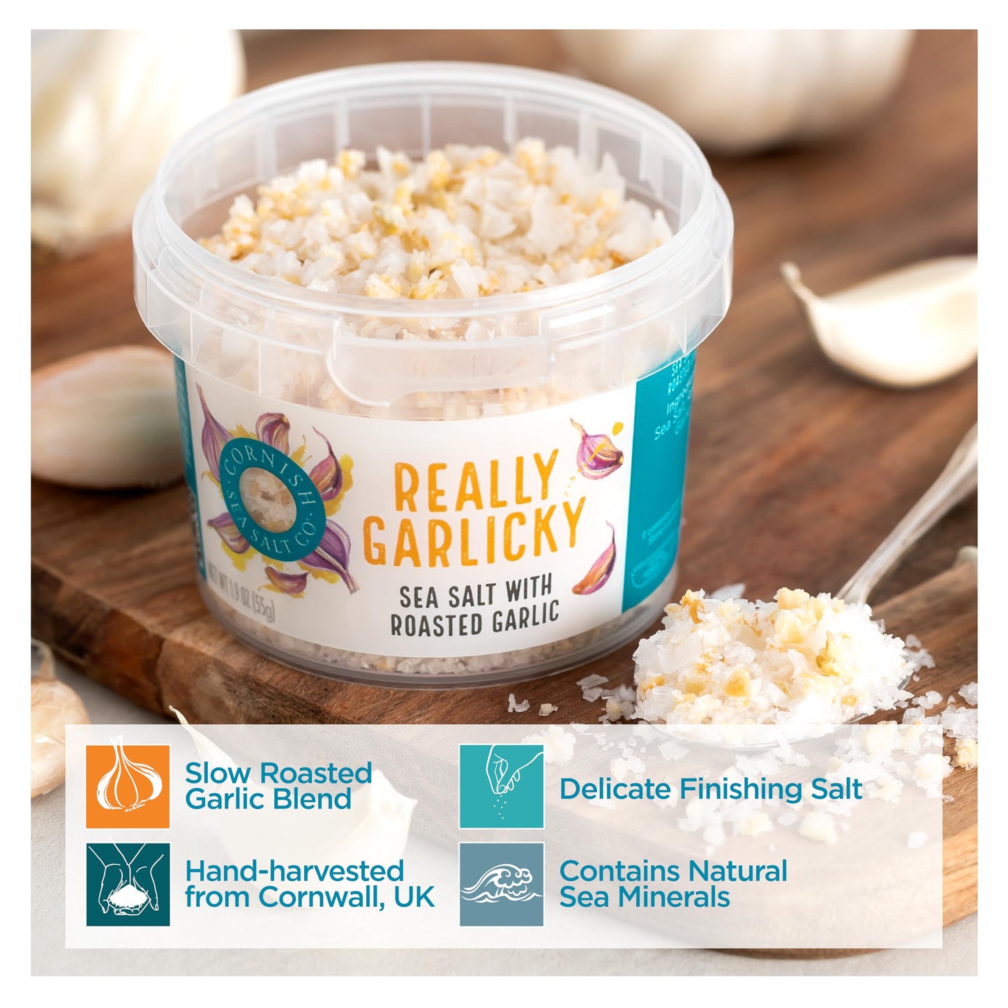 Cornish Sea Salt Really Garlicky Seasoning | Sea Salt Flakes W. Roasted Garlic | Hand-Harvested In Cornwall, England | 1.9 Oz Re