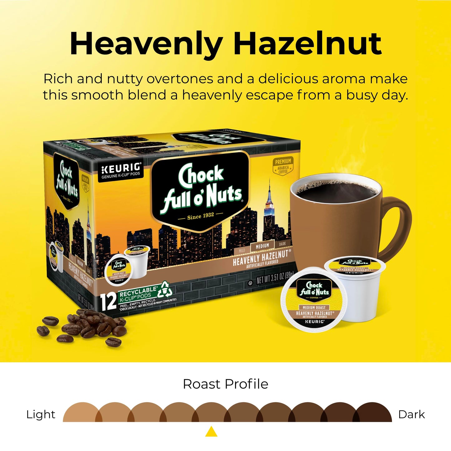 Chock Full Onuts Heavenly Hazelnut Coffee, Keurig K-Cup Pods (1 Pack Of 12 Single-Serve Cups)