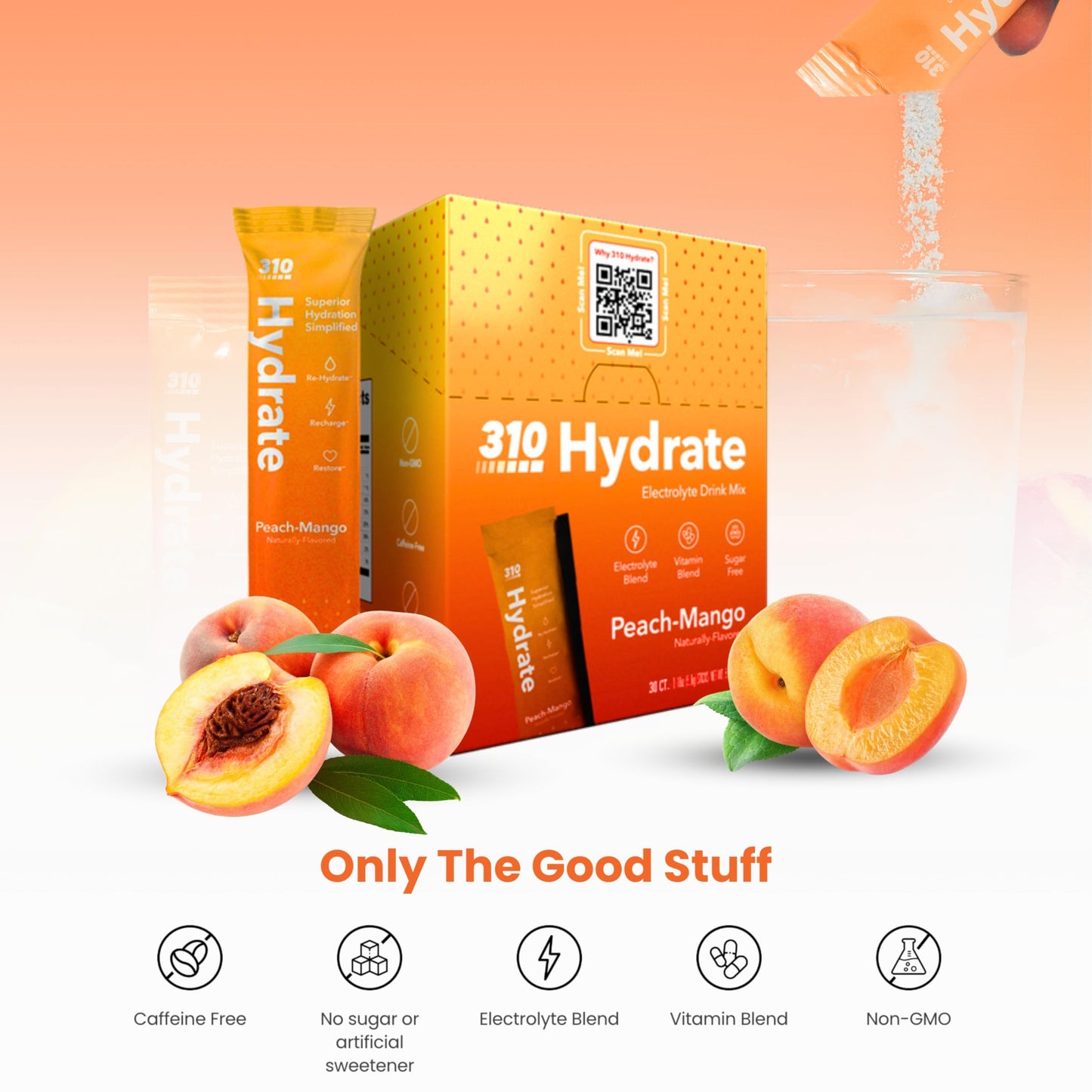 310 Hydrate Peach Mango Electrolytes Powder Packets - No Sugar Hydration Packets With Key Vitamins & Minerals - Keto Friendly -