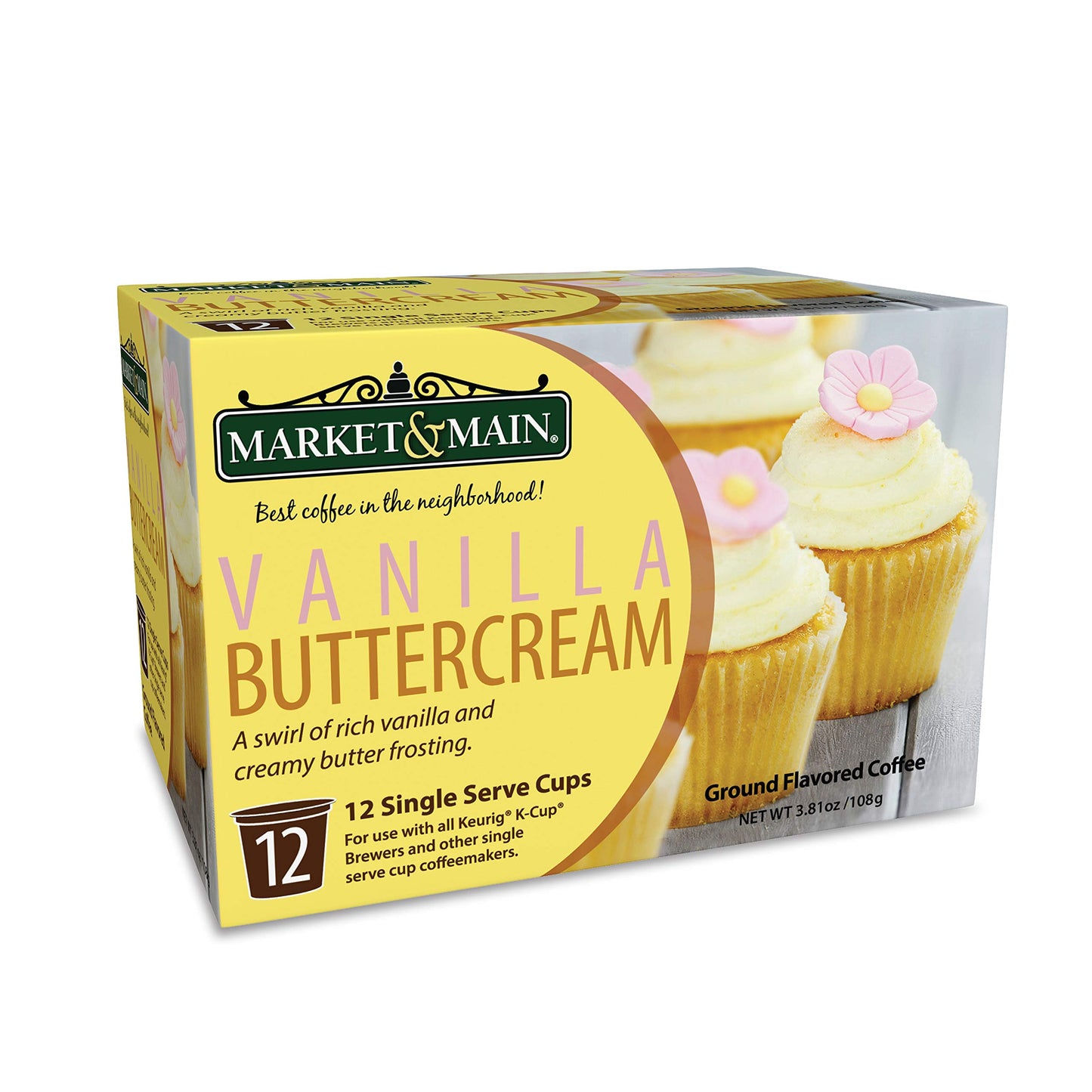 Market & Main OneCup Vanilla Buttercream Coffee Pods, Compatible with Keurig, 12 Count, Brown