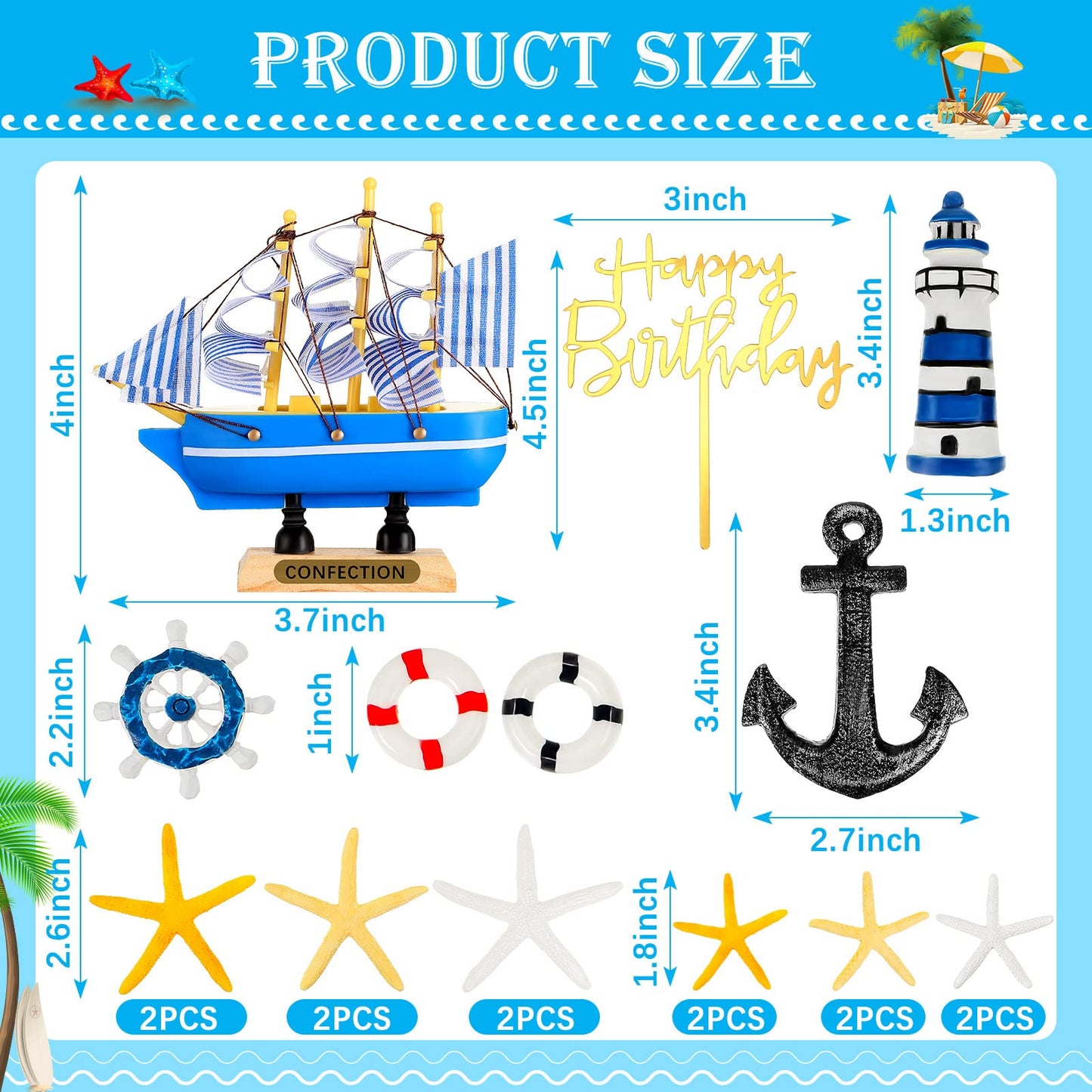 19 Pcs Nautical Cake Topper Pirate Cake Topper Ship Theme Cake Topper Nautical Cupcake Topper Nautical Party Decorations For Bir