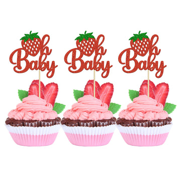 Gyufise 24Pcs Strawberry Oh Baby Cupcake Toppers Glitter Fruit Theme Oh Baby Strawberry Cupcake Picks For Gender Reveal Baby Sho