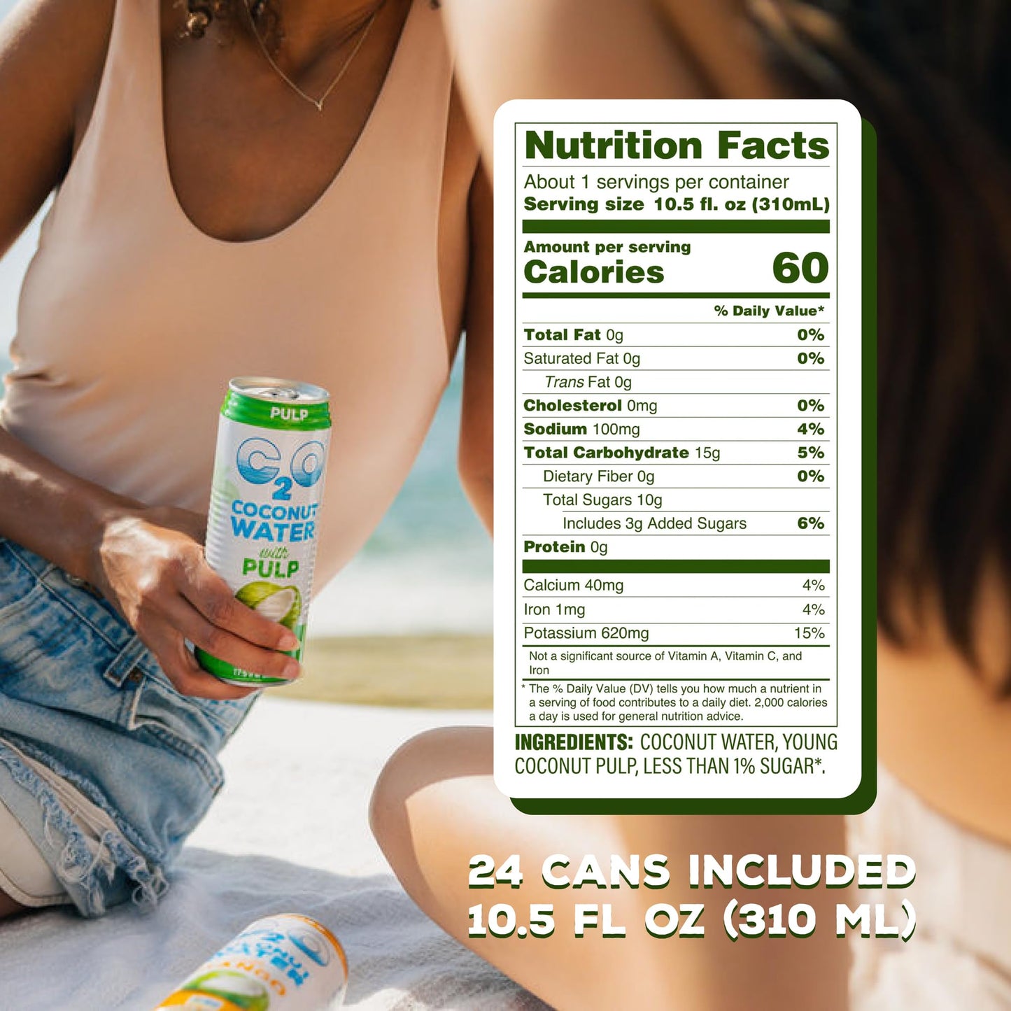 C2O Coconut Water with Pulp - 24 Cans, 10.5 FL OZ - Plant Based, Non-GMO, Natural Hydration, Essential Electrolytes