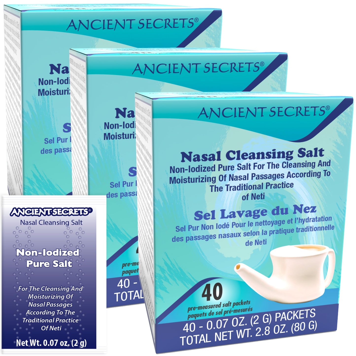 Ancient Secrets Nasal Cleansing Salt, Non-Iodized, 3-Pack - USP-Grade Sodium Chloride, 40 Pre-Measured Packets per Box for Any N