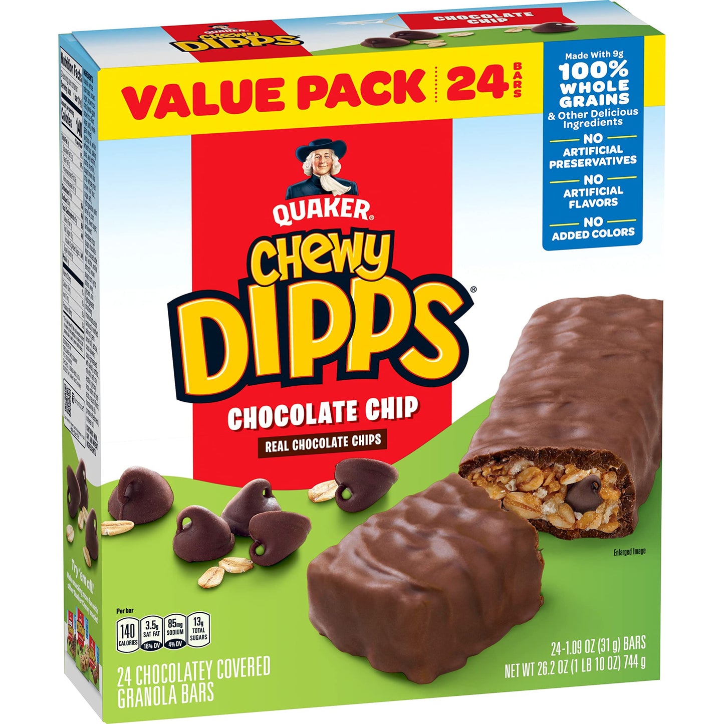 Quaker Chewy Dipps Chocolate Chip Bars, 24 Count, Individually Wrapped Snacks