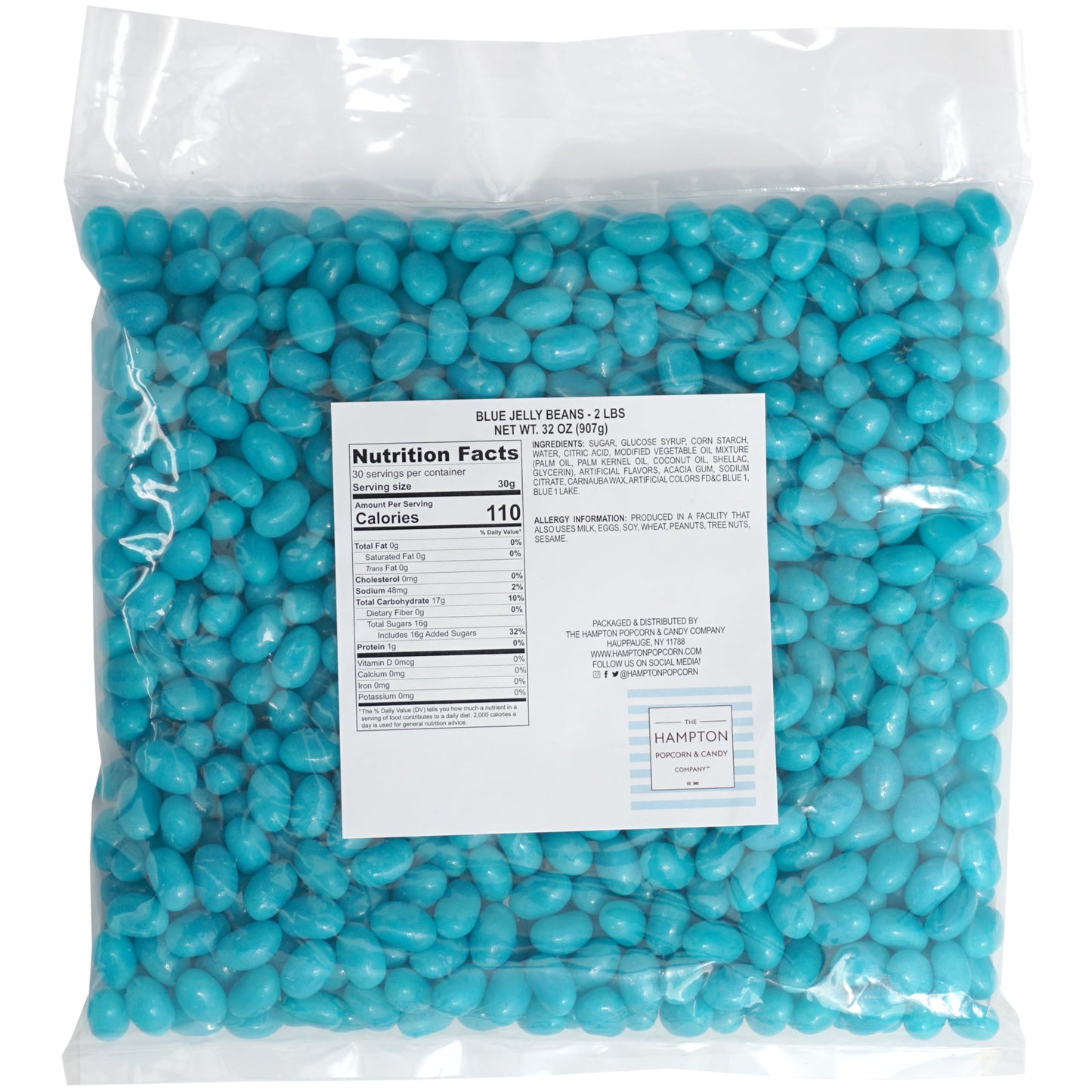 Blue Jelly Beans, 2 Pound Bulk Bag, Blueberry Flavor, Blue Candy, The Hampton Popcorn & Candy Company