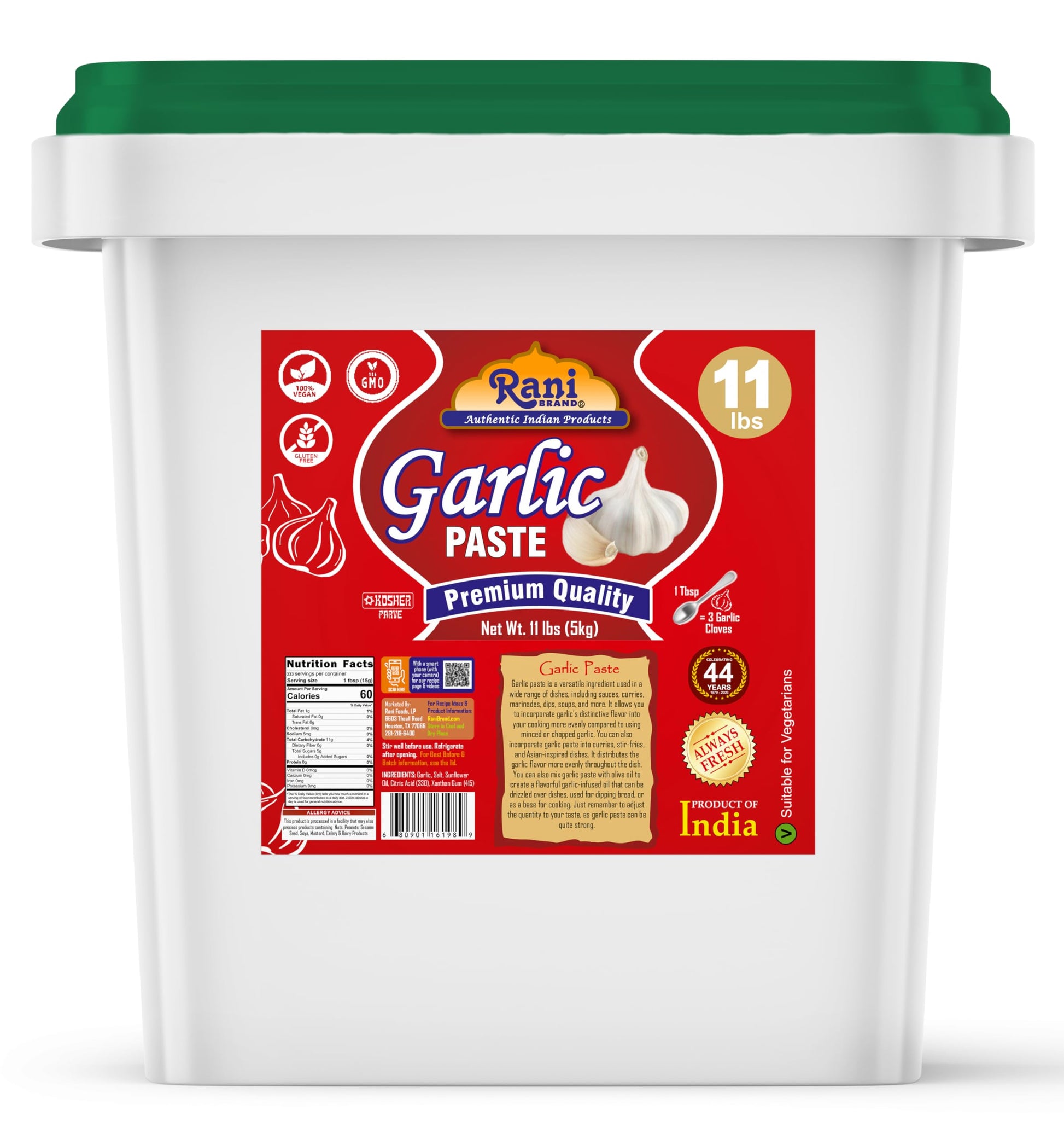 Rani Garlic Cooking Paste 176Oz (11Lbs) 5Kg Bulk ~ Vegan | Gluten Free | Non-Gmo | Kosher | No Colors | Indian Origin