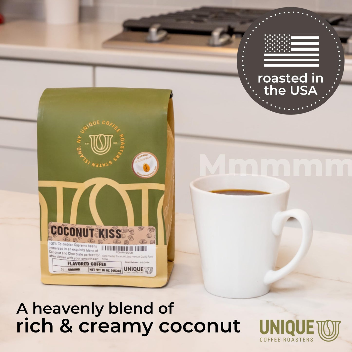 Island Toasted Coconut Kiss Flavored Ground Coffee, 1 Lb (16 Oz) Bag, Medium Roast, 100% Arabica Enhanced Quality Flavor