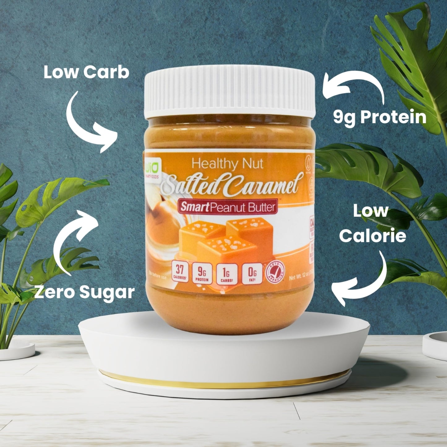 WiO SmartFoods Peanut Butter, 12-Oz, Healthy Salted Caramel Peanut Butter, Low-Carb, Keto-Friendly, Sugar-Free