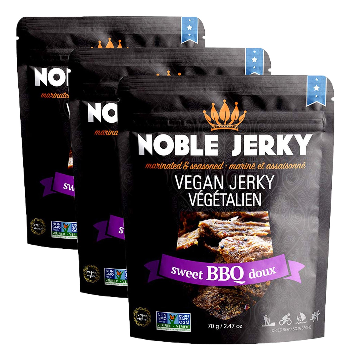 Noble Jerky - Vegan Jerky, Plant-Based High Protein Snack, Vegetarian, Non-GMO, BBQ Flavor, 3 Pack (70g Bags), 14g Protein Per B