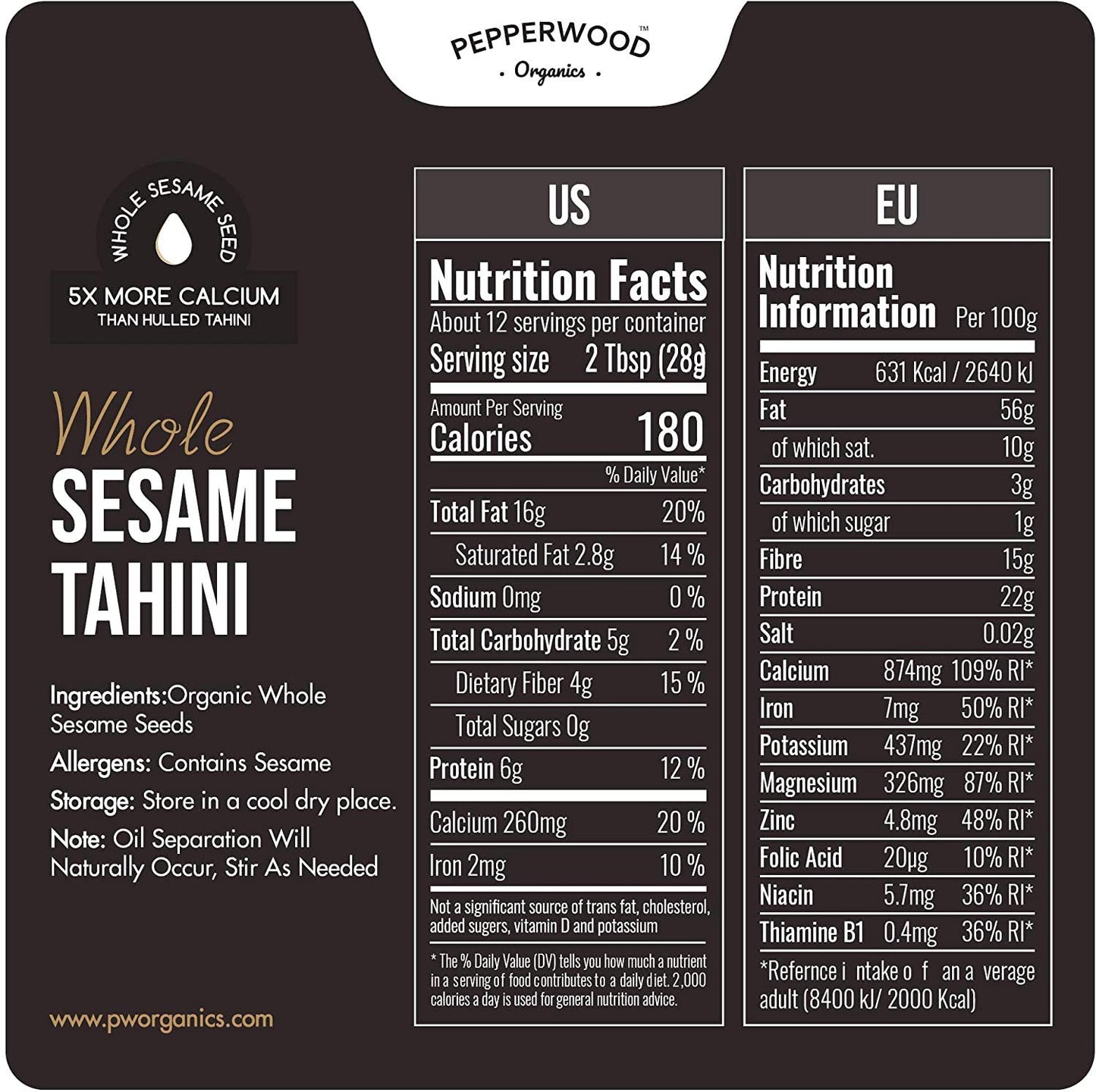 Organic Whole Sesame Tahini Paste 6.6lb Bucket - Unhulled, Stone-Ground, Unsalted, Nut-Free, Kosher - Pepperwood Organics