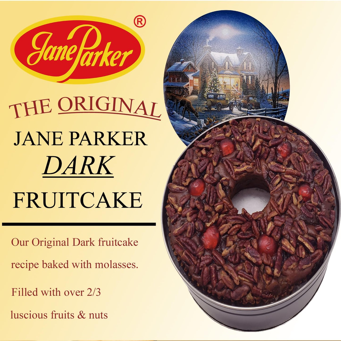 Jane Parker Fruitcake Dark Fruit Cake 3 Pound (48 Ounce) Ring In A Collectible Holiday Tin (Colors May Vary) -Holiday Cake-Chris
