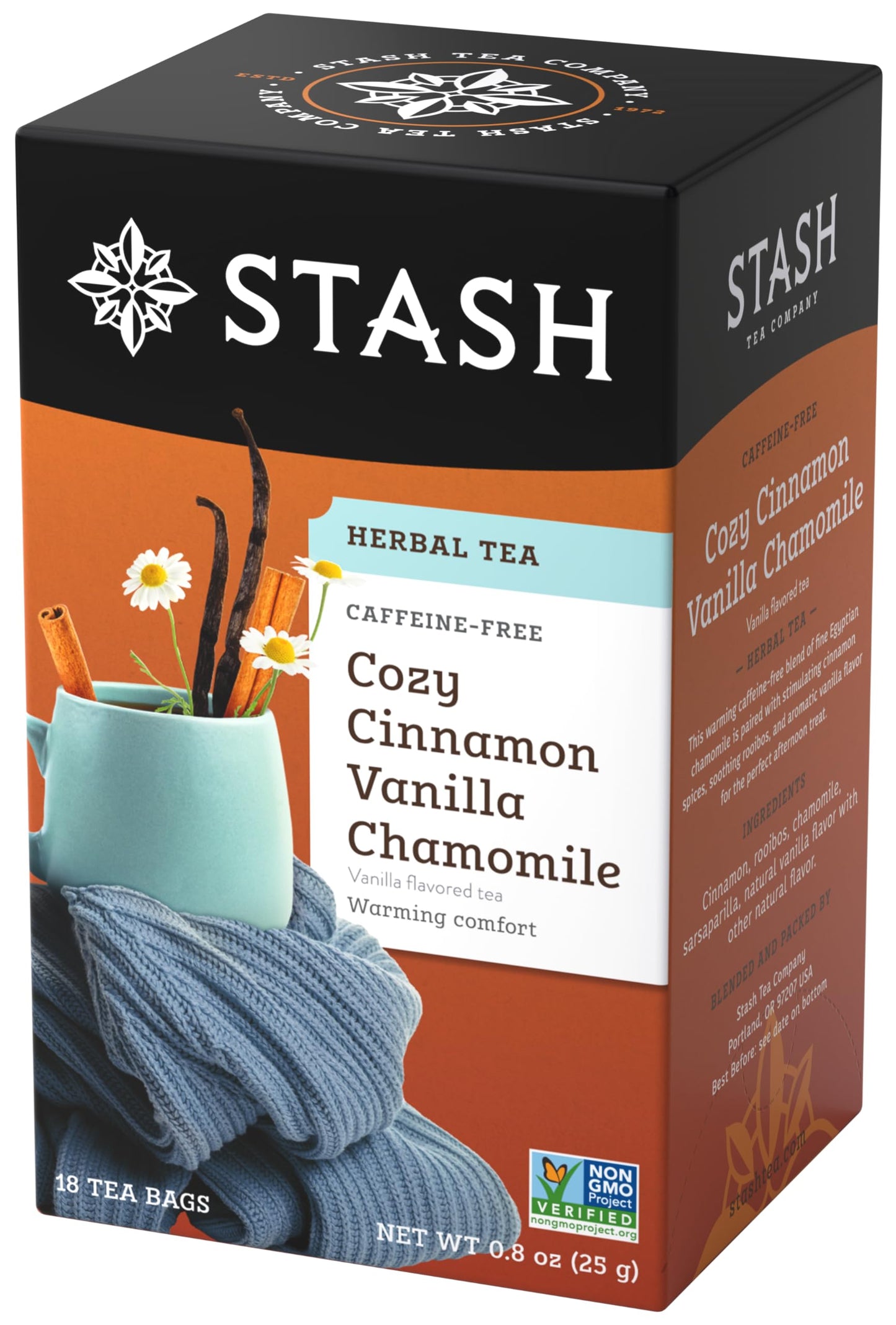 Stash Tea Cozy Cinnamon Vanilla Herbal Tea - Caffeine Free, Non-GMO, 18 Count (Pack of 6) - 108 Bags Total