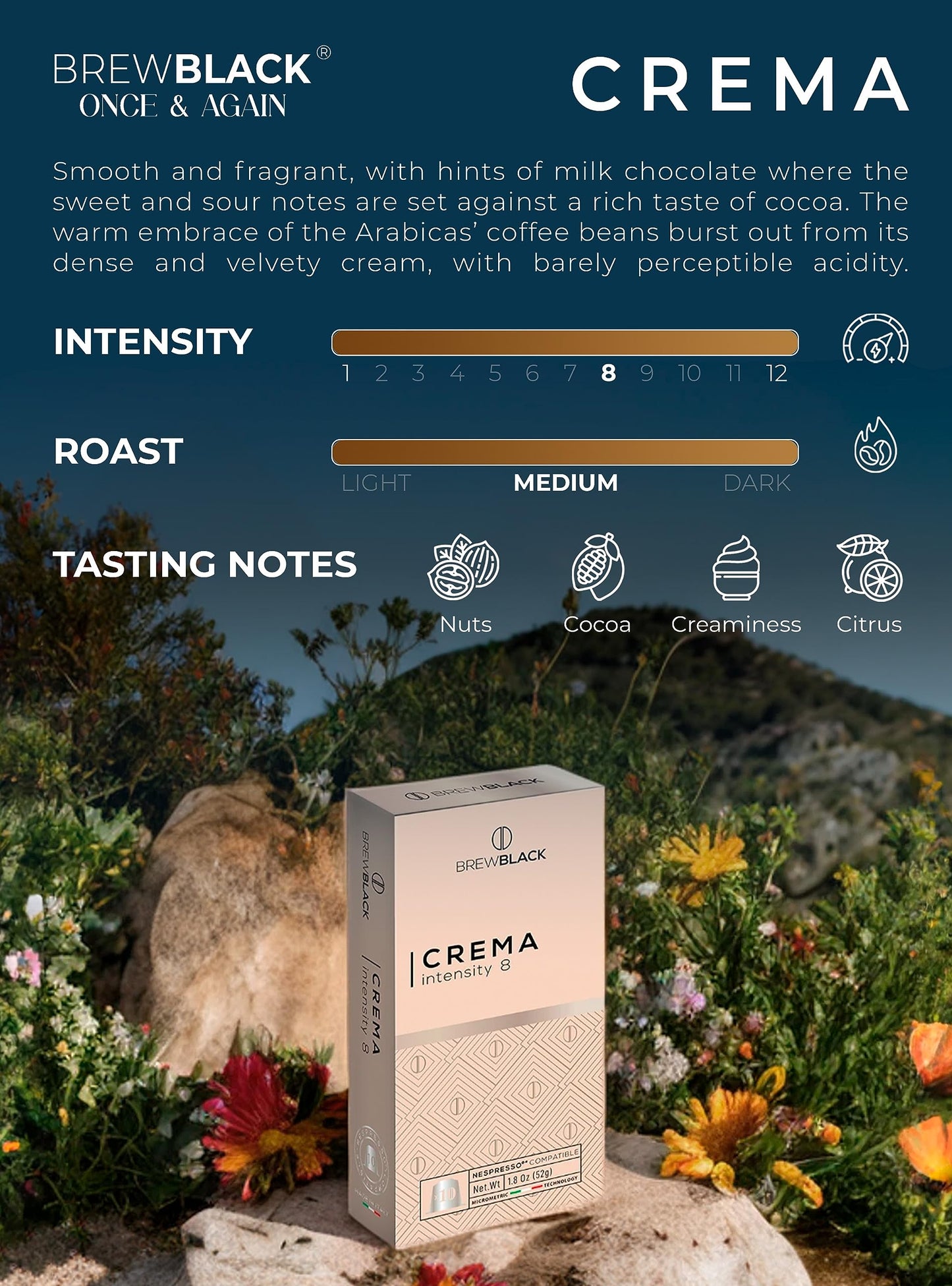 BREWBLACK Crema Coffee compact pieces - 50 Aluminum Pods, Compatible with Nespresso Original, Medium Roast, Intensity 8, Made in Italy