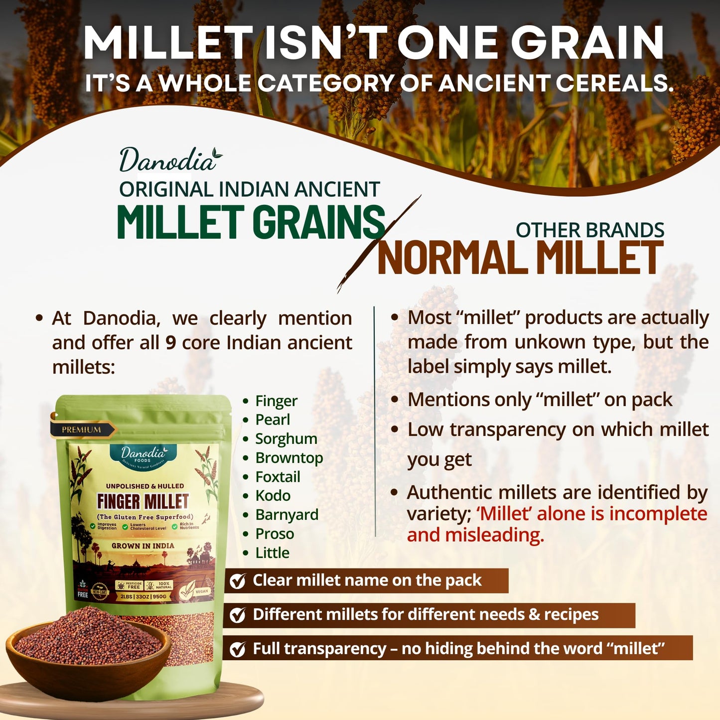 Danodia Foods Organic Proso Millet (2 Lbs | 950G | 33Oz) | Unpolished, Whole Grain, Gluten-Free, Hulled Superfood | Natural, Non-Gmo, Vegan, High Fiber & Protein | Fda Registered