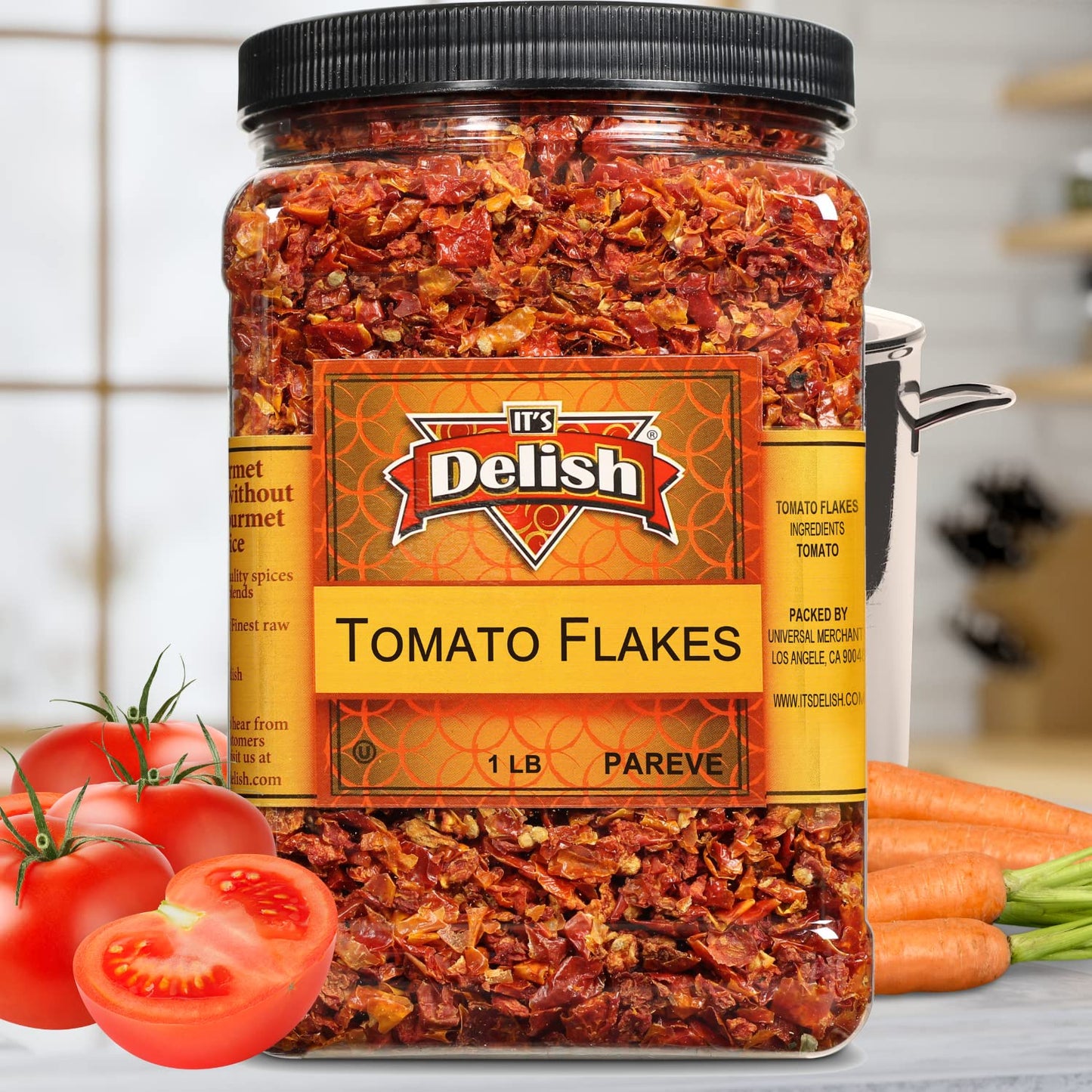 Premium Dried Tomato Flakes By It'S Delish - 16 Oz Jumbo Reusable Container - Dried Natural Tomatoes Ready To Cook - Dehydrated