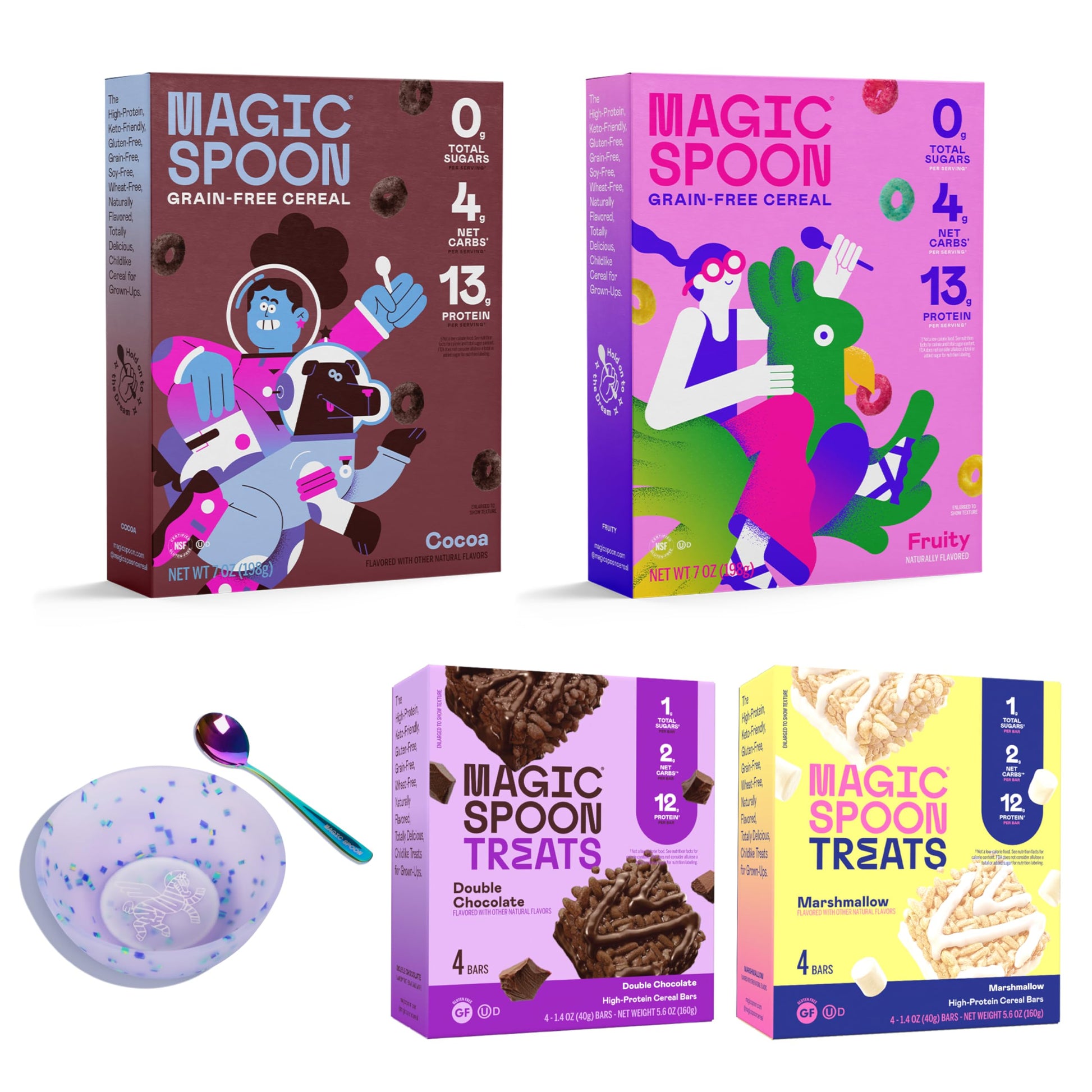 Magic Spoon Ultimate Starter Pack - 1 Box Fruity, 1 Box of Cocoa, 4 Marshmallow Bars, 4 Double Chocolate Bars, Bowl and Spoon Se