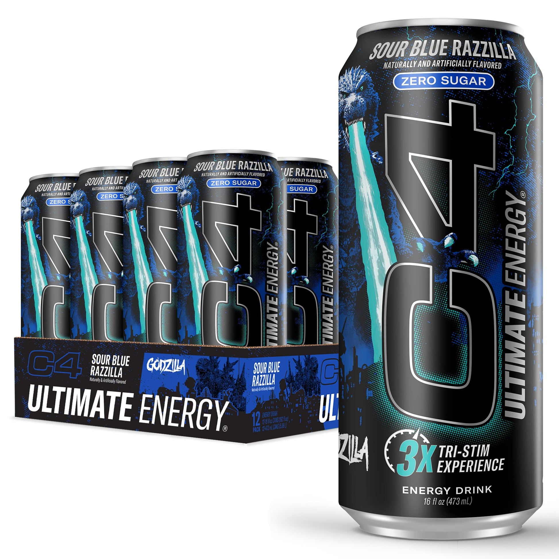 Cellucor C4 Ultimate | Pre Workout Sugar Free Energy Drink | Tri-Stim Experience with 300mg Caffeine + TeaCrine + Dynamine | Sour Blue Razzilla| 16oz (Pack of 12)