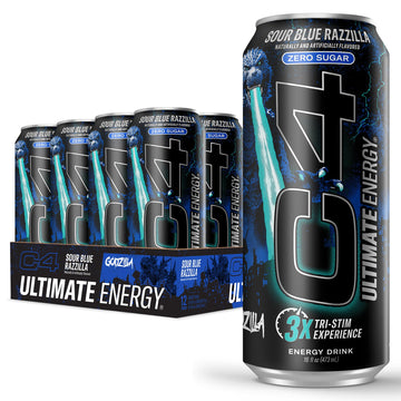 Cellucor C4 Ultimate | Pre Workout Sugar Free Energy Drink | Tri-Stim Experience with 300mg Caffeine + TeaCrine + Dynamine | Sour Blue Razzilla| 16oz (Pack of 12)