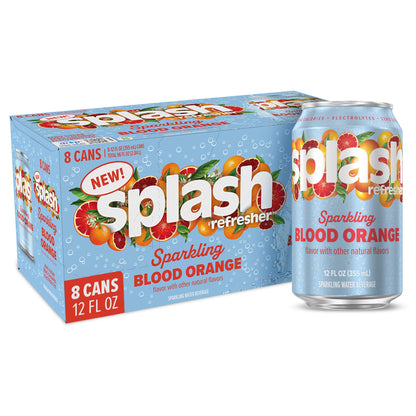 Splash Refresher Sparkling Water, Blood Orange - 8-Pack, 12 Fl Oz Cans - Flavored Carbonated Seltzer Water with Electrolytes, Ze