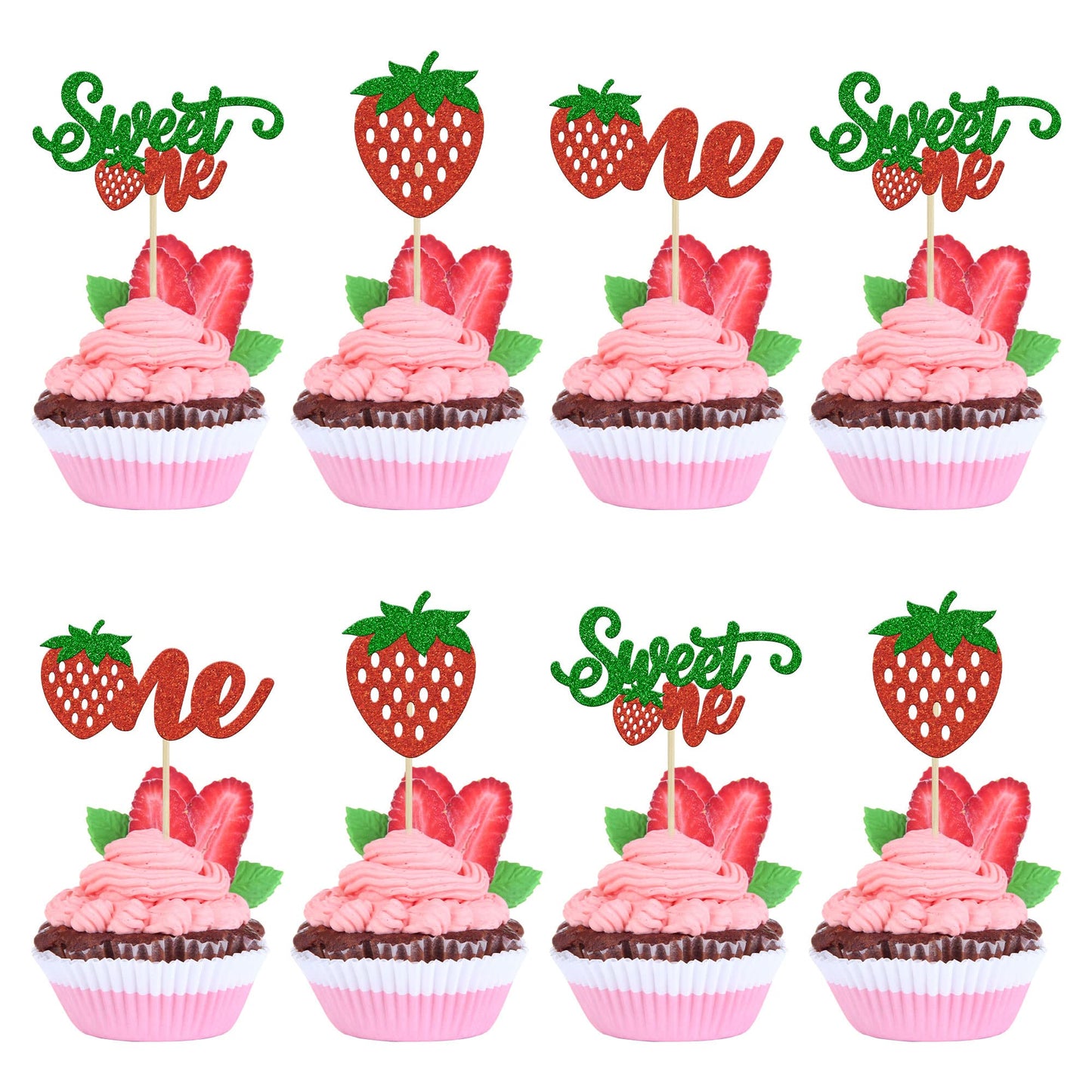 Gyufise 24Pcs Strawberry One Cupcake Toppers Glitter Sweet One First Birthday Cupcake Picks For Fruit Theme Baby Shower Kids 1St