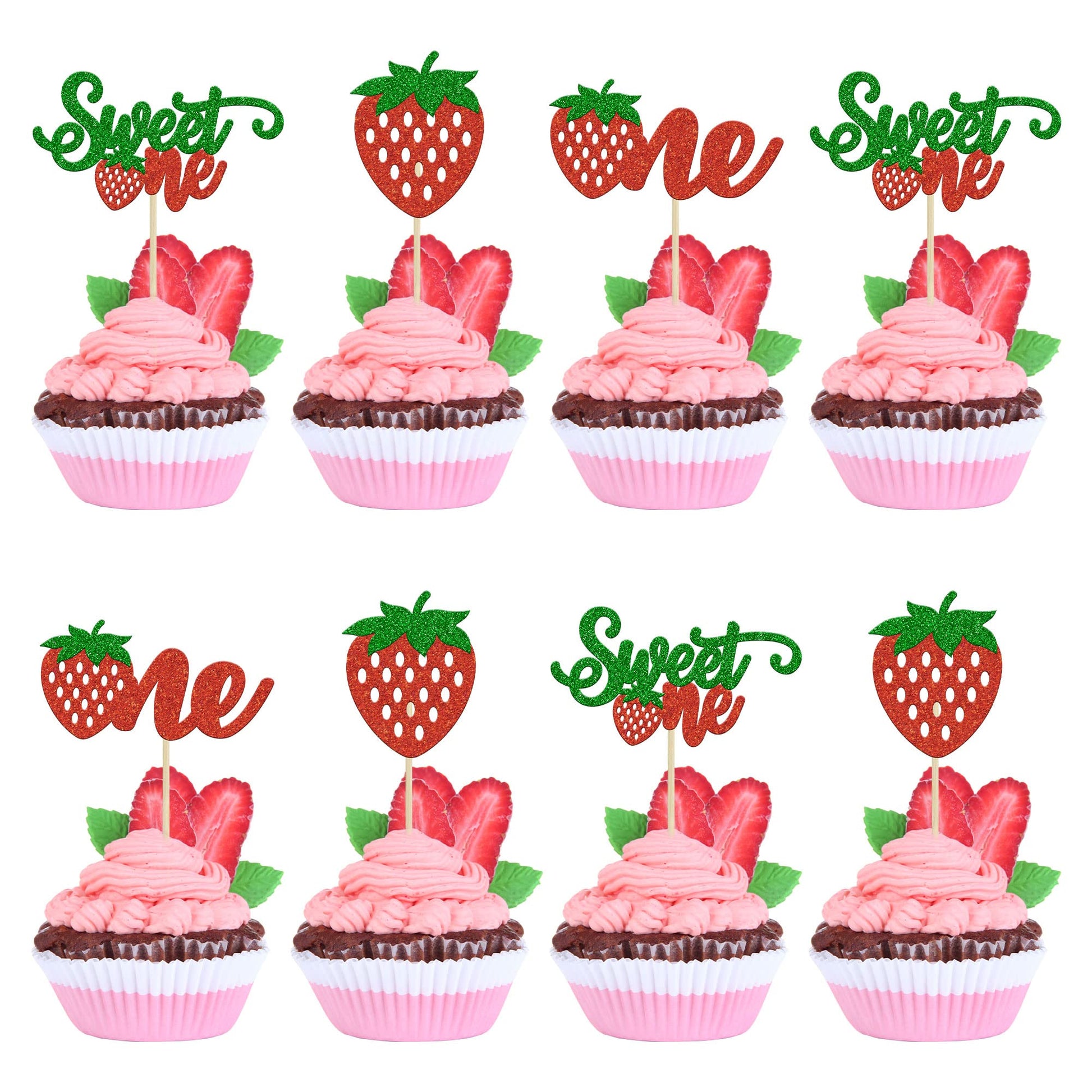 Gyufise 24Pcs Strawberry One Cupcake Toppers Glitter Sweet One First Birthday Cupcake Picks For Fruit Theme Baby Shower Kids 1St