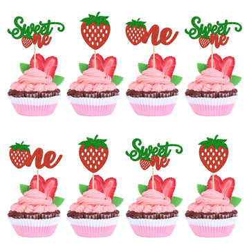 Gyufise 24Pcs Strawberry One Cupcake Toppers Glitter Sweet One First Birthday Cupcake Picks For Fruit Theme Baby Shower Kids 1St