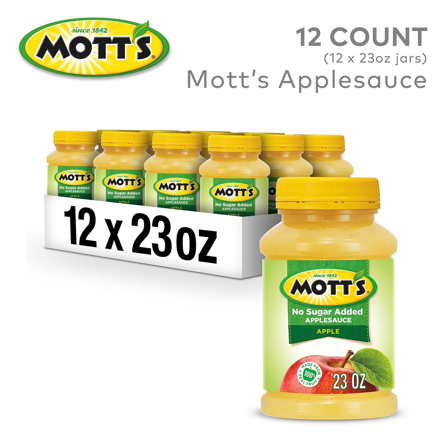 Motts No Sugar Added Applesauce, 23 Oz Jar (Pack Of 12), Good Source Of Vitamin C, No Artificial Flavors
