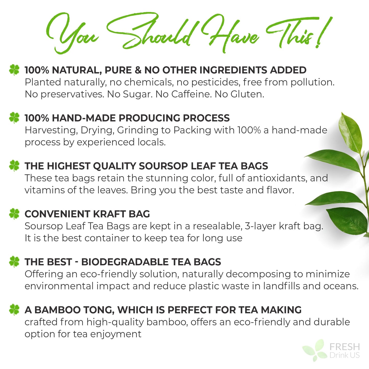 FRESHDRINKUS Soursop Graviola Leaf Tea Bags, 100% Natural, Vegan, 33 Tea Bags