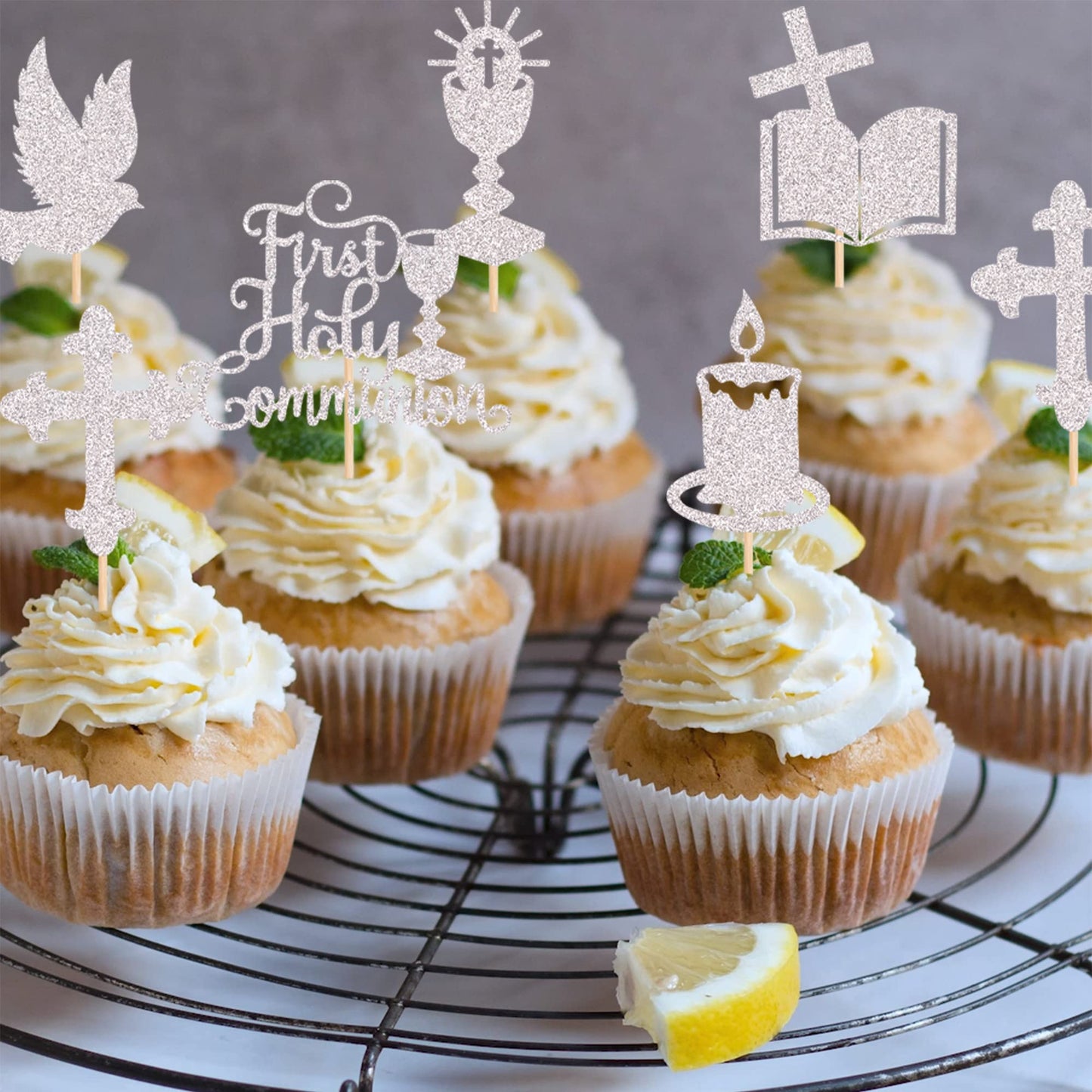 ZHUOWEISM Cupcake Toppers, 36 PCS Glitter Dove Cross, First Communion Theme, Small, Silver, Bamboo Material