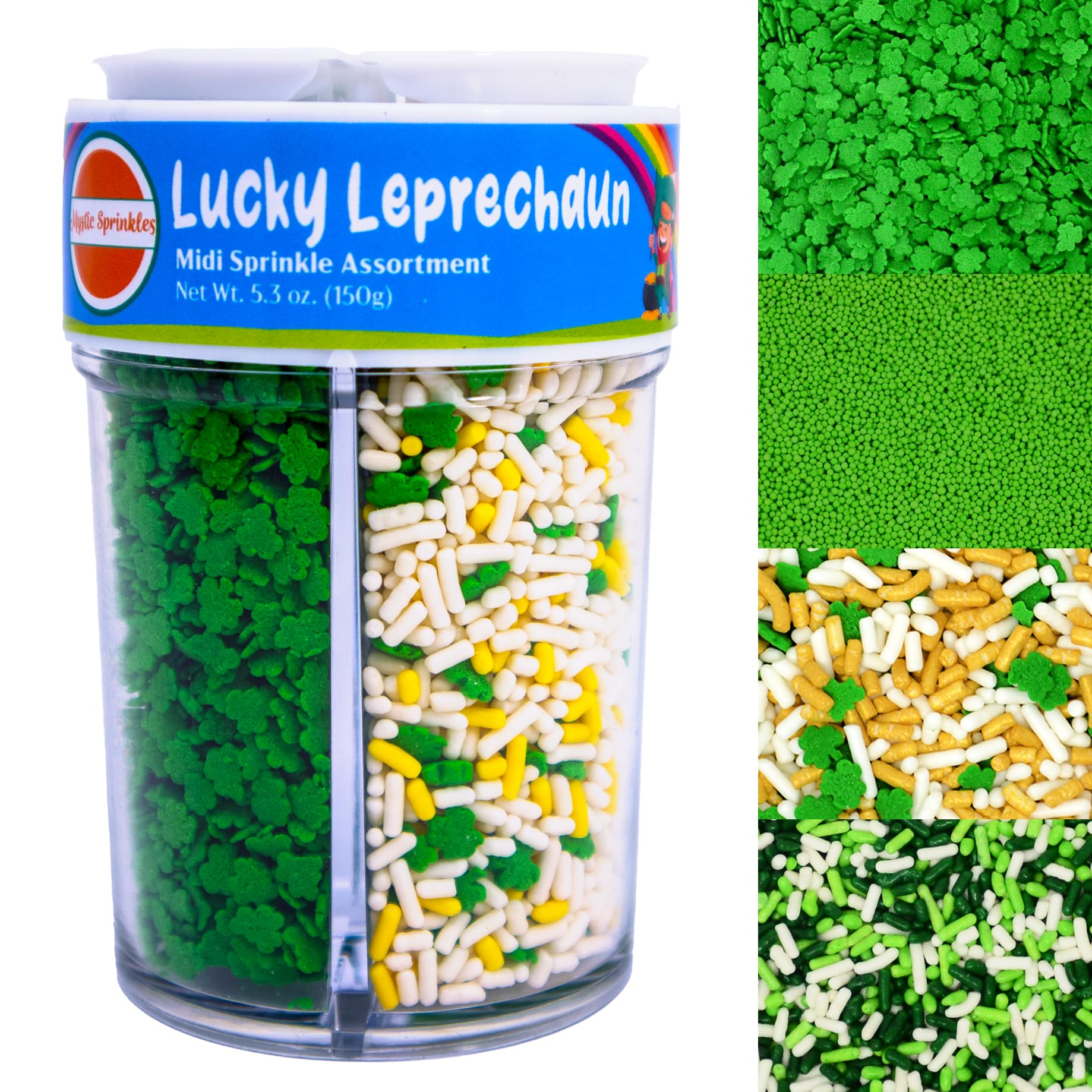 Mystic Sprinkles St. Patricks Day 4 Cell Sprinkle Assortments (Lucky Leprechaun Sprinkle Assortment, Midi)