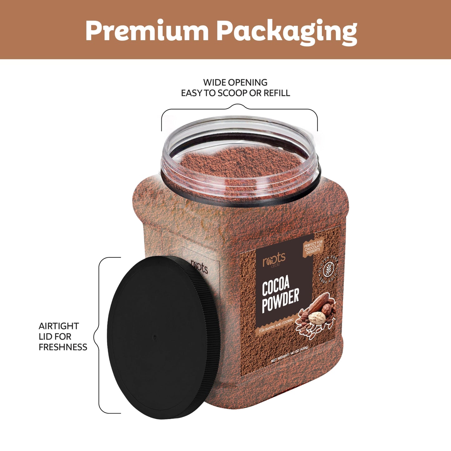 Roots Circle Unsweetened Cocoa Powder - Rich Dark Chocolate Flavor, Gluten-Free, 14oz