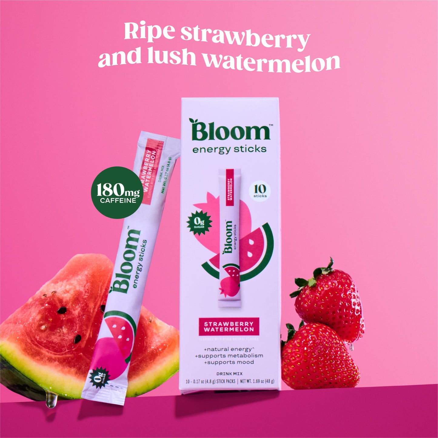 Bloom Nutrition Energy Drink Powder Packets  Sugar Free Energy Drink Mix with L-Theanine  B Vitamins & Natural Caffeine  On the Go Powder Sticks for Natural Energy  10 Calories (10 Pouches (Pack of 1)  Strawberry Watermelon)