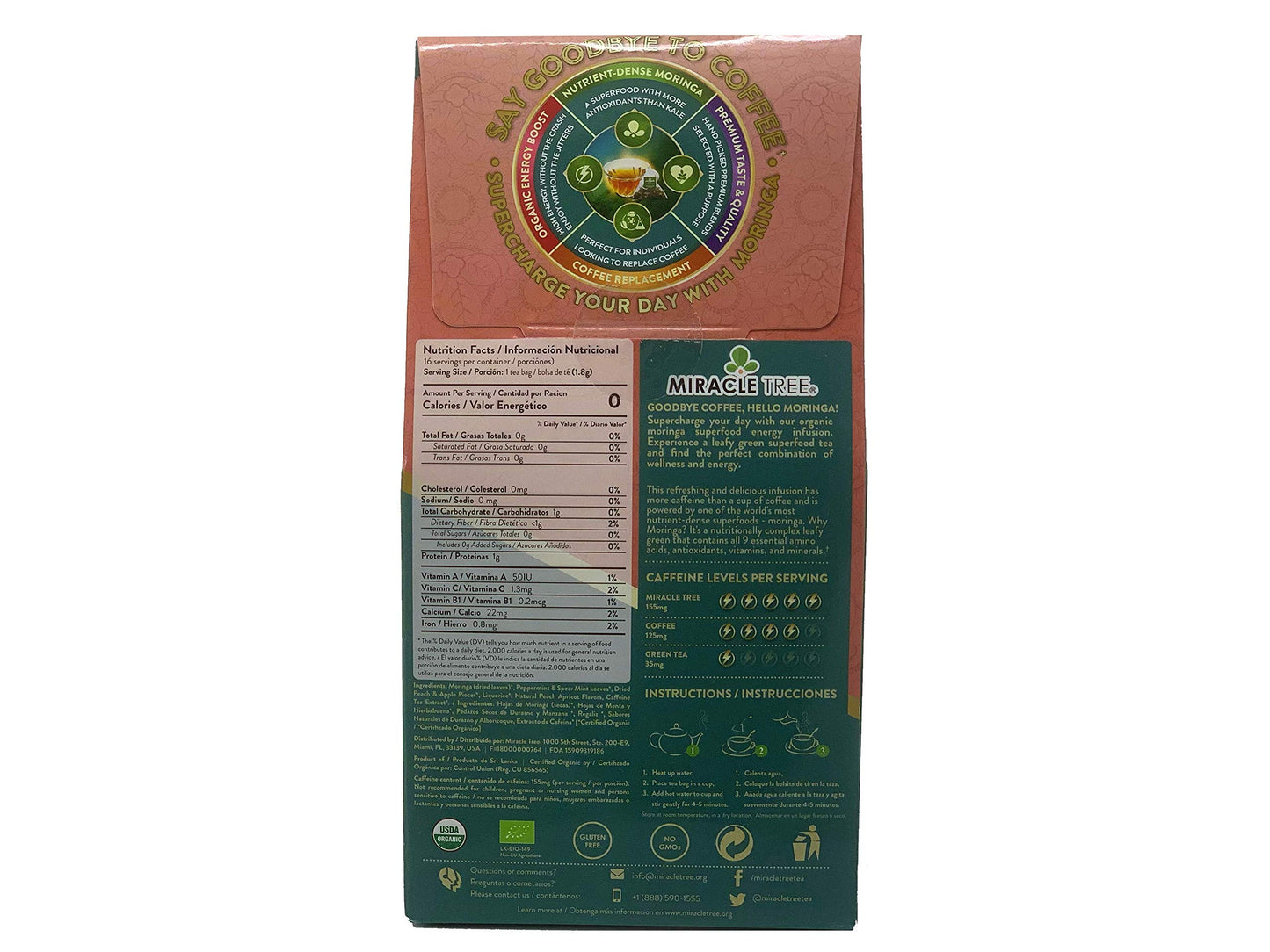 Tree Moringa Energy Tea - Peach Mint Apricot Flavor, Organic & Non-GMO, 16 Pyramid Sachets