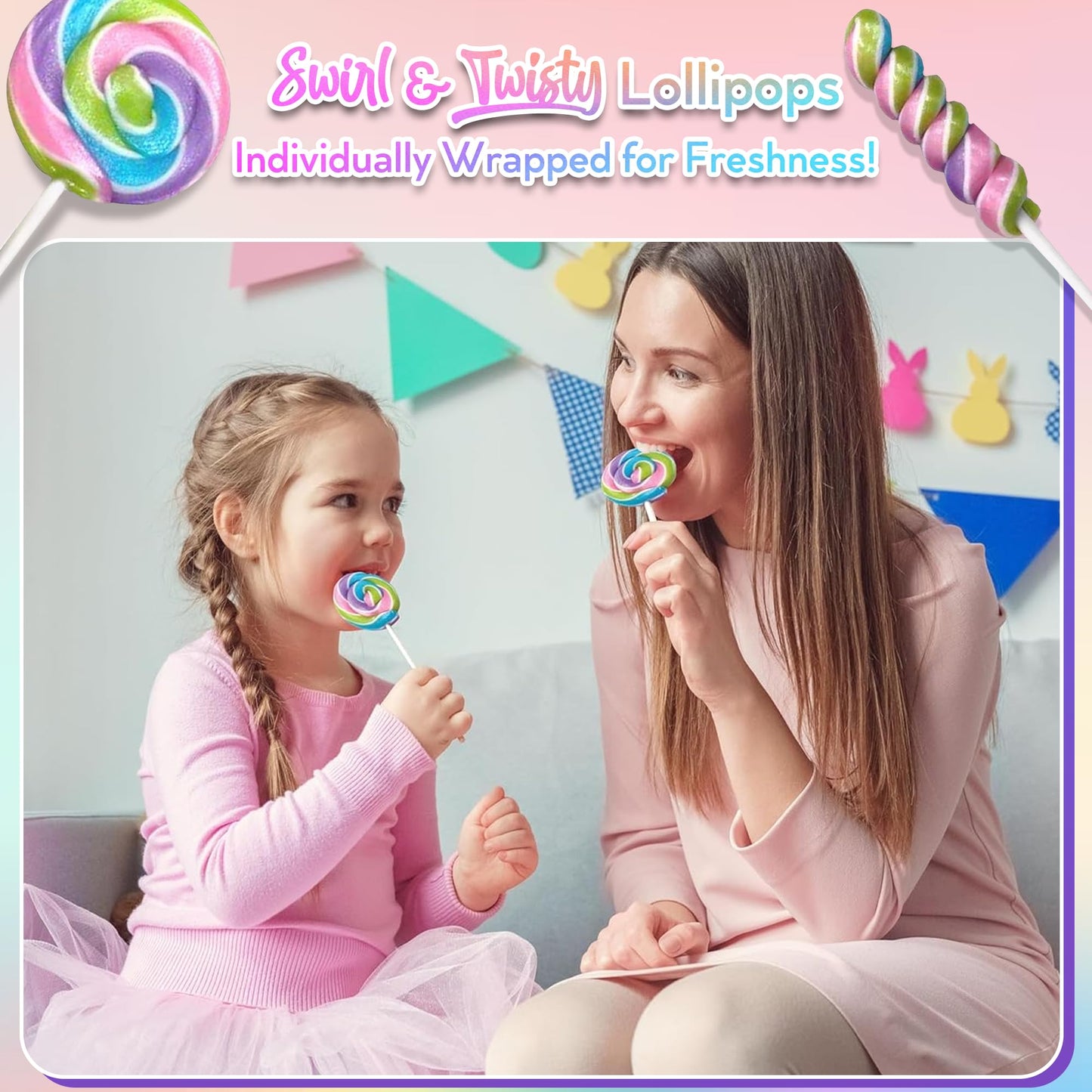 Spring Easter Candy - 24 Lollipops Individually Wrapped - 18G Swirl And 12G Twisty Lollipops - Easter Basket Candy - Egg Hunts -