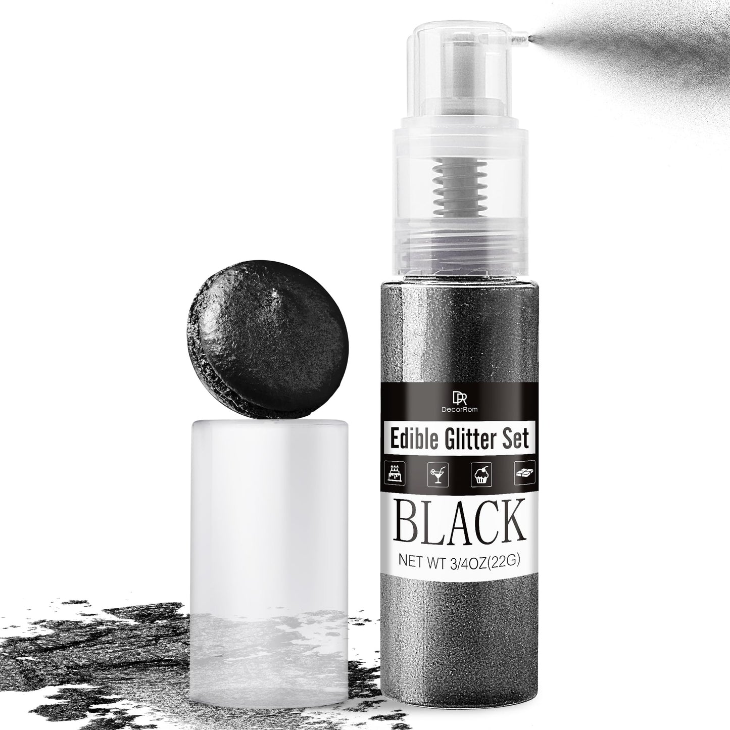 DecorRom Edible Glitter Spray - 3/4oz Luster Dust Shimmer Powder for Cake Decorating, Drinks, Icing - Black