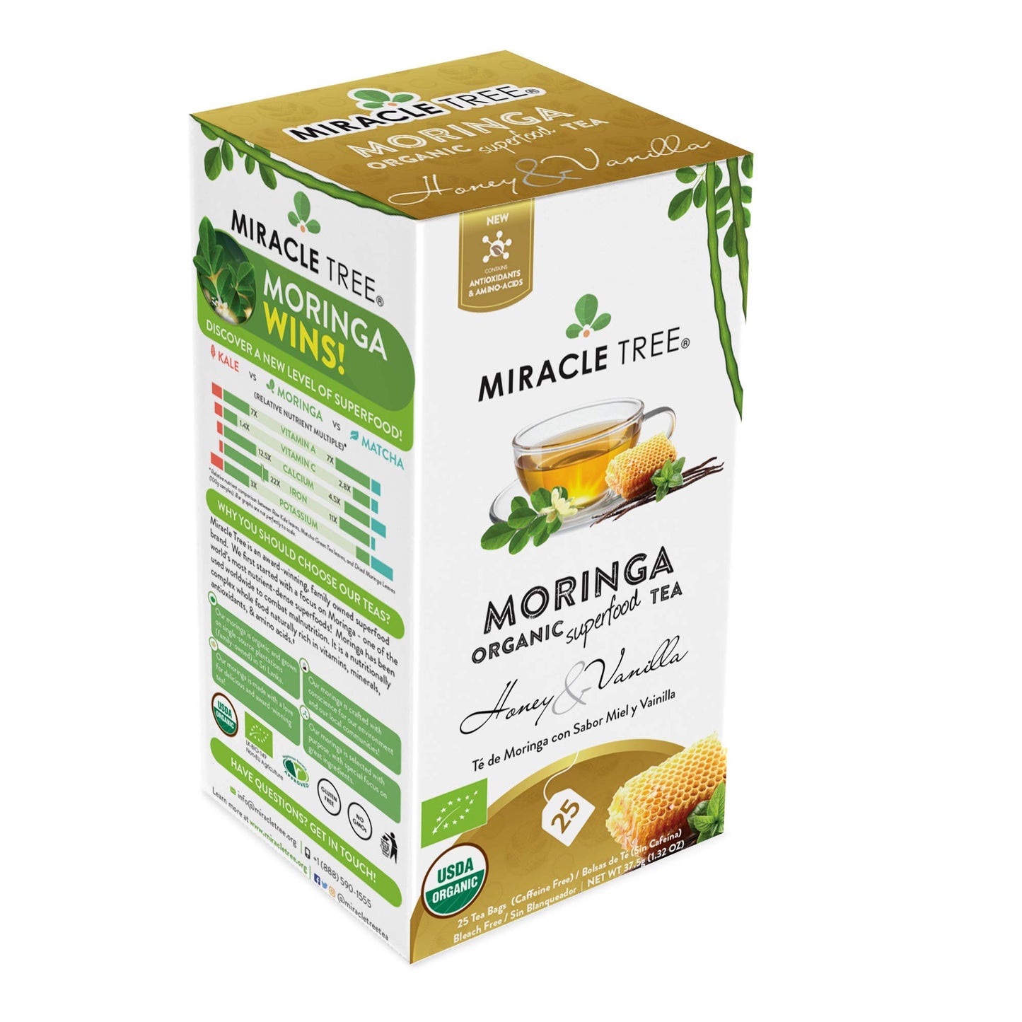 Tree Organic Moringa Superfood Tea, Honey & Vanilla, 25 Tea Bags, Vegan, Gluten-Free, Caffeine-Free