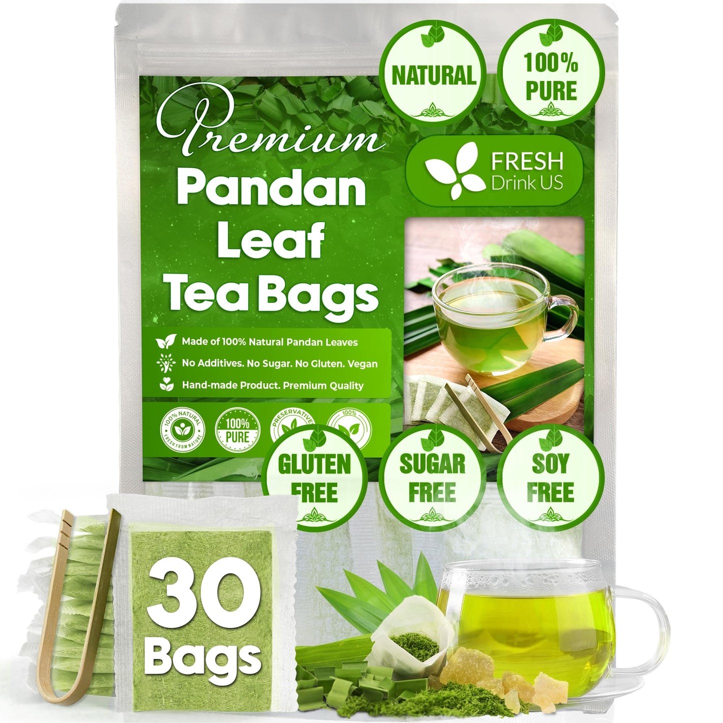FRESHDRINKUS Premium Pandan Leaf Herbal Tea Bags, 100% Natural, Caffeine-Free, 30 Bags