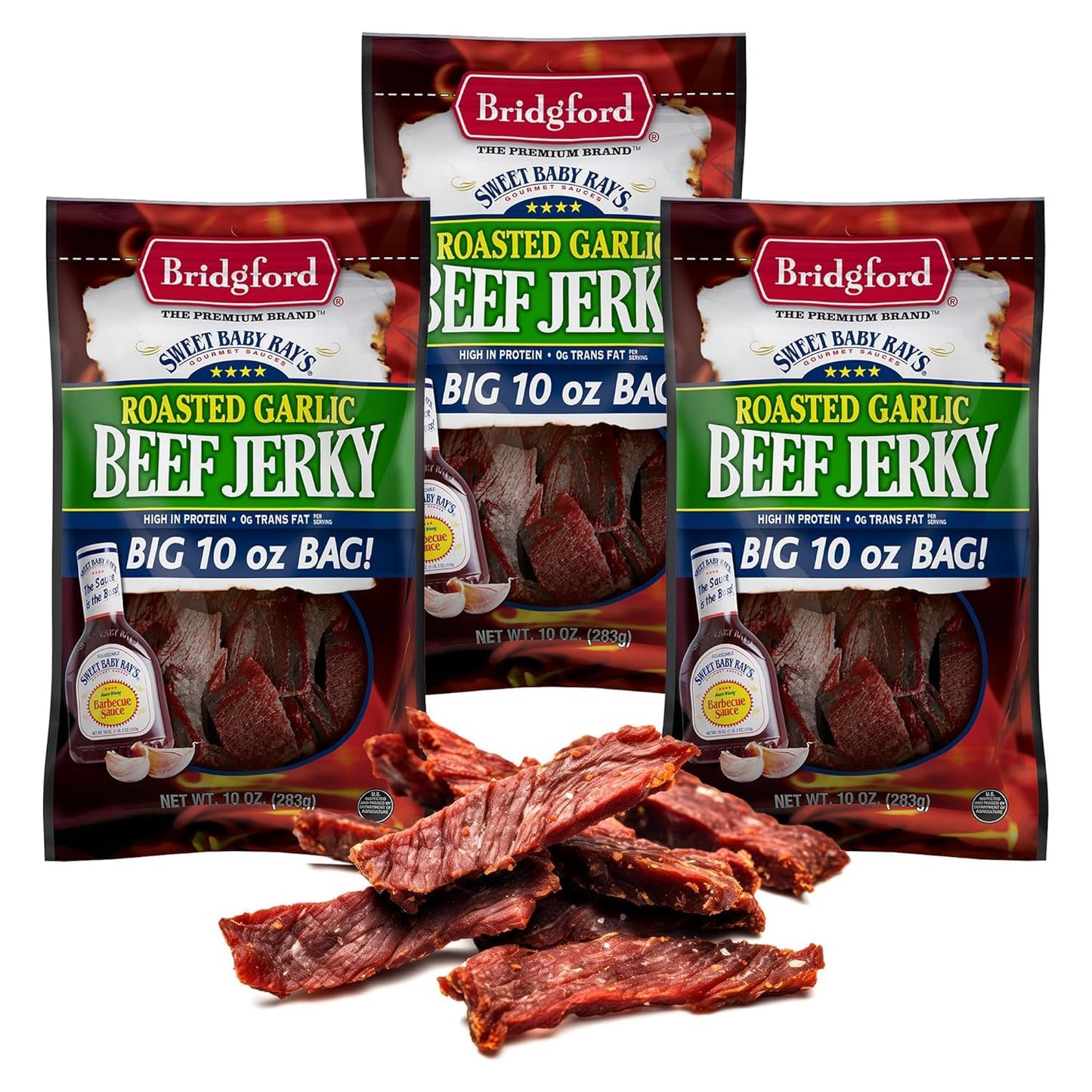 Bridgford Beef Jerky Roasted Garlic - Healthy High Protein Snack - 10 oz Pack of 3