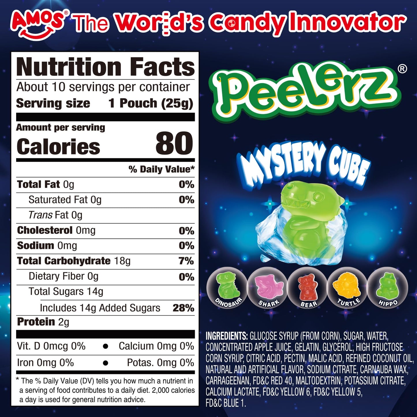 Amos Peelerz Mystery Cube Peelable Gummy Candy - 3D Peeling Candy - 8.47Oz Box With Approximately 10 Pouches - Made With Real Fr
