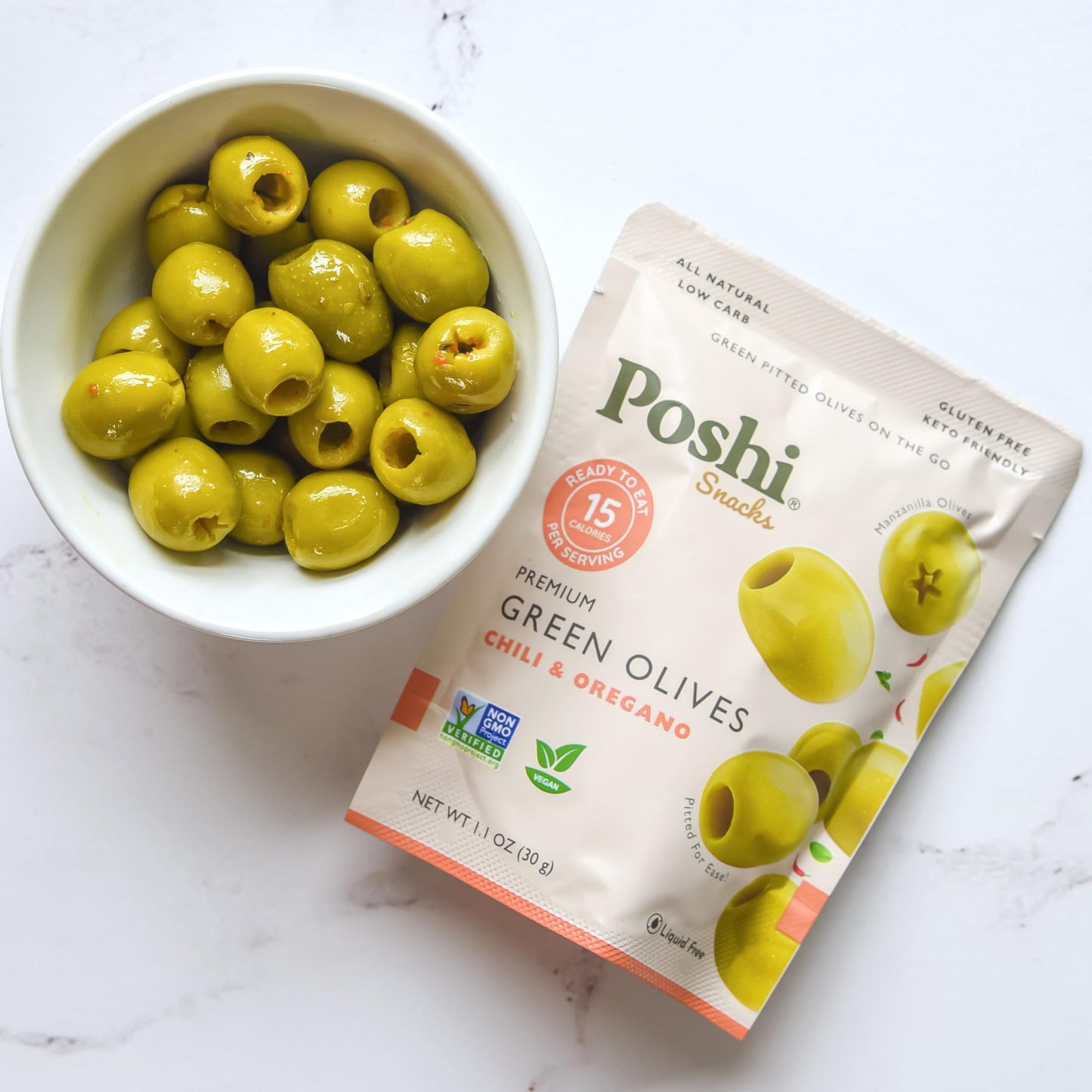 Oloves Green Greek Pitted Olives, Chili & Oregano, Vegan, Gluten Free, 30 Pack, 1.1oz Bags