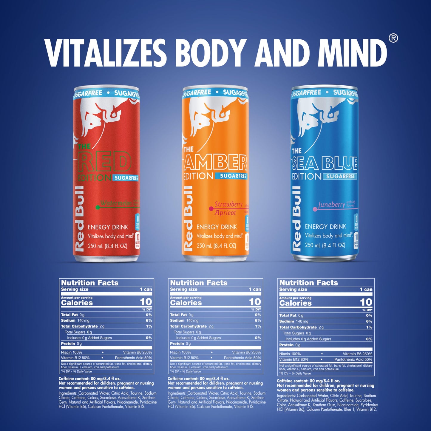 Red Bull Energy Drink Sugar Free Variety Pack  Red  Amber  and Sea Blue  with 80mg Caffeine  Taurine & B Vitamins  8.4 fl. oz  Pack of 12 Cans