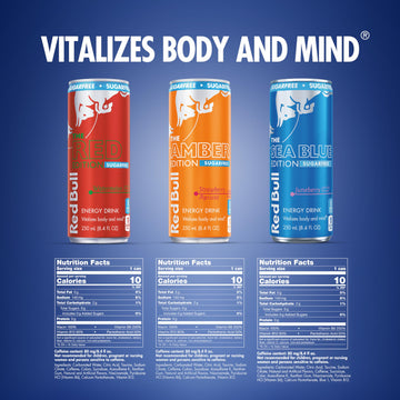 Red Bull Energy Drink Sugar Free Variety Pack  Red  Amber  and Sea Blue  with 80mg Caffeine  Taurine & B Vitamins  8.4 fl. oz  Pack of 12 Cans