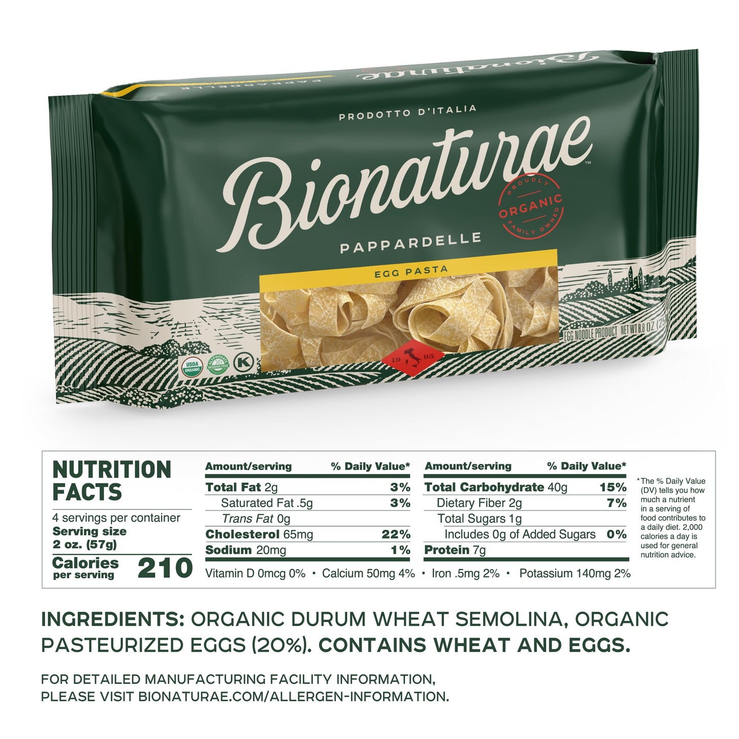 Bionaturae Pappardelle Pasta Noodles - Durum Semolina Pasta, Kosher, High Protein, Non-GMO, USDA Certified, Durum Semolina Pappa