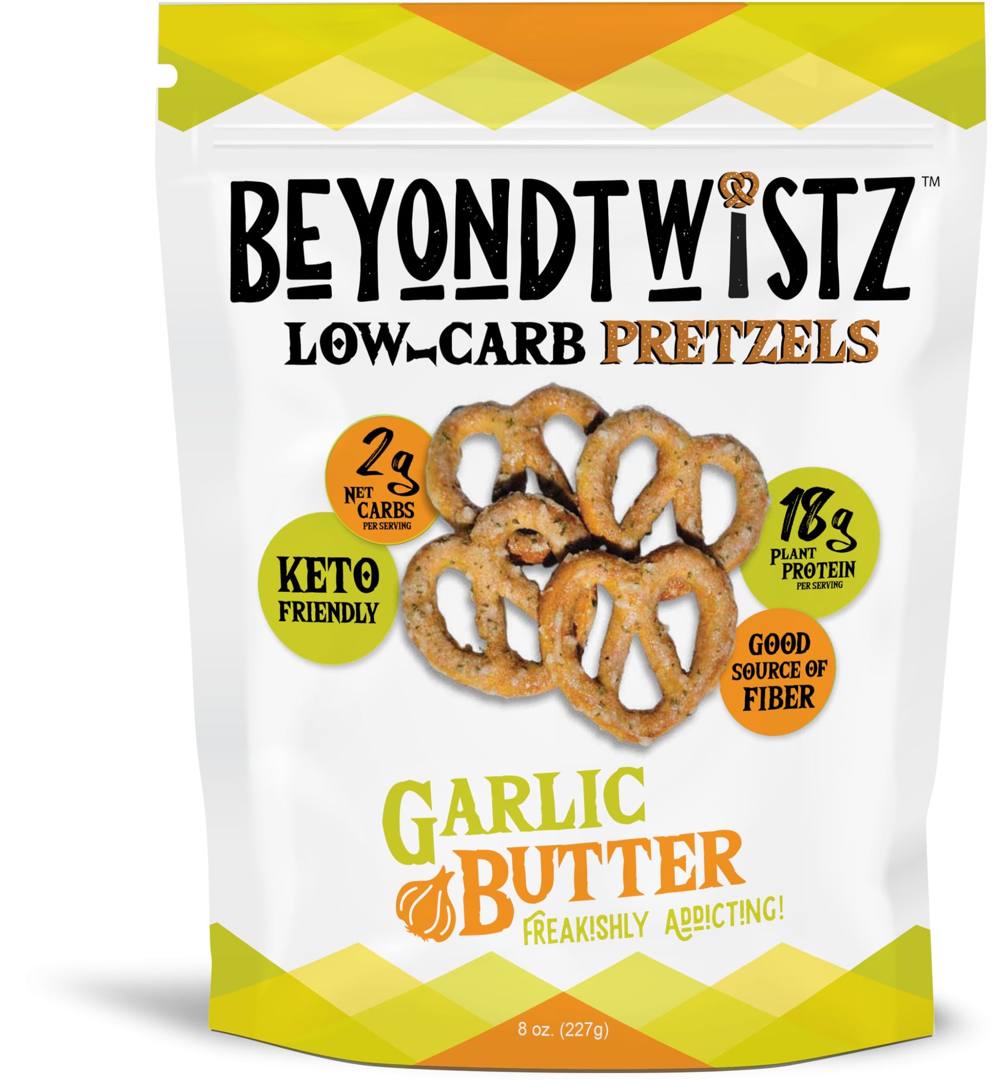 BeyondChipz Low Carb Pretzels, Garlic Butter, Keto Friendly, 8oz Family Size (Pack of 3), 2g Net Carbs, 18g Protein