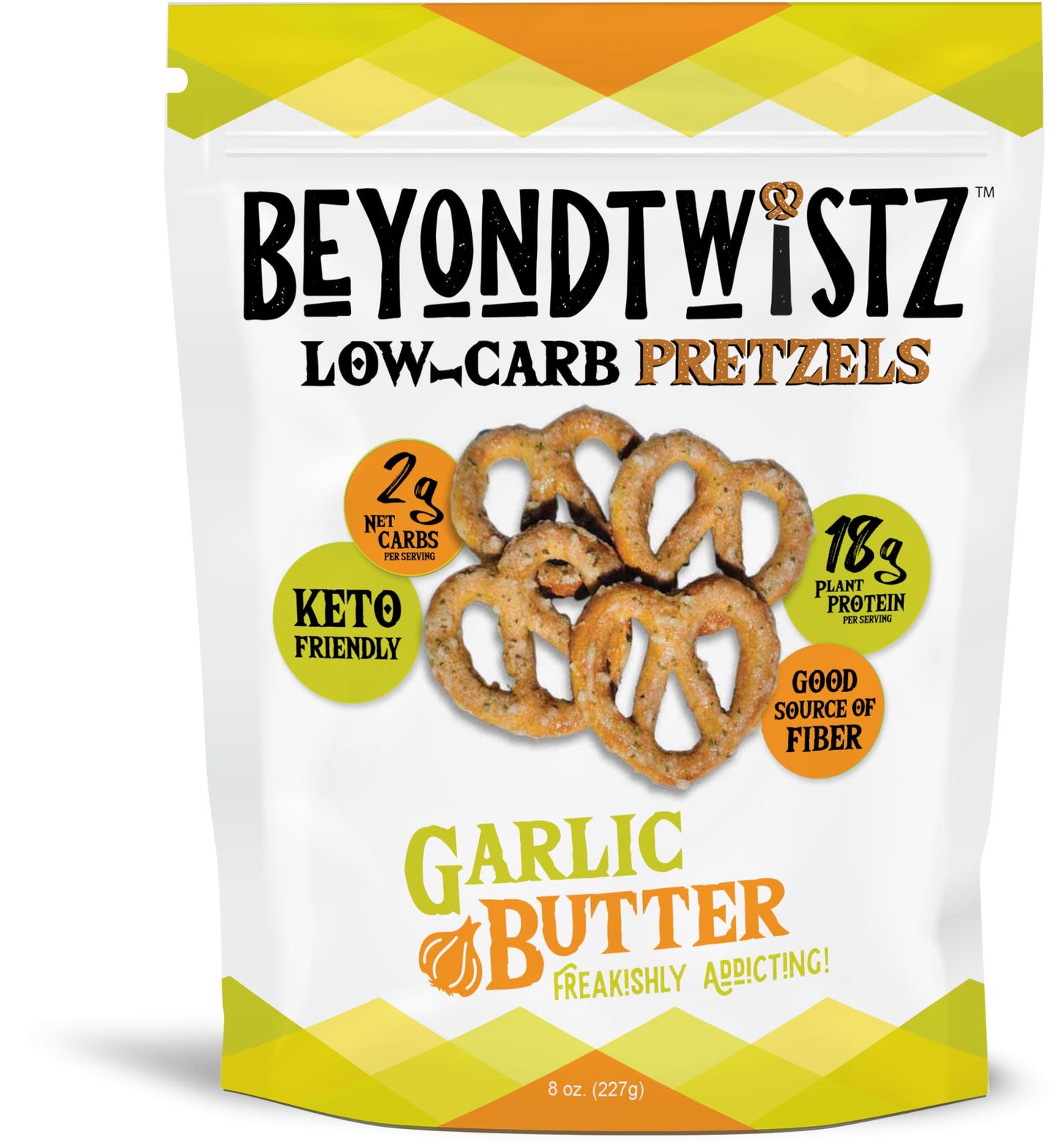 BeyondChipz Low Carb Pretzels, Garlic Butter, Keto Friendly, 8oz Family Size, 2g Net Carbs, 18g Protein