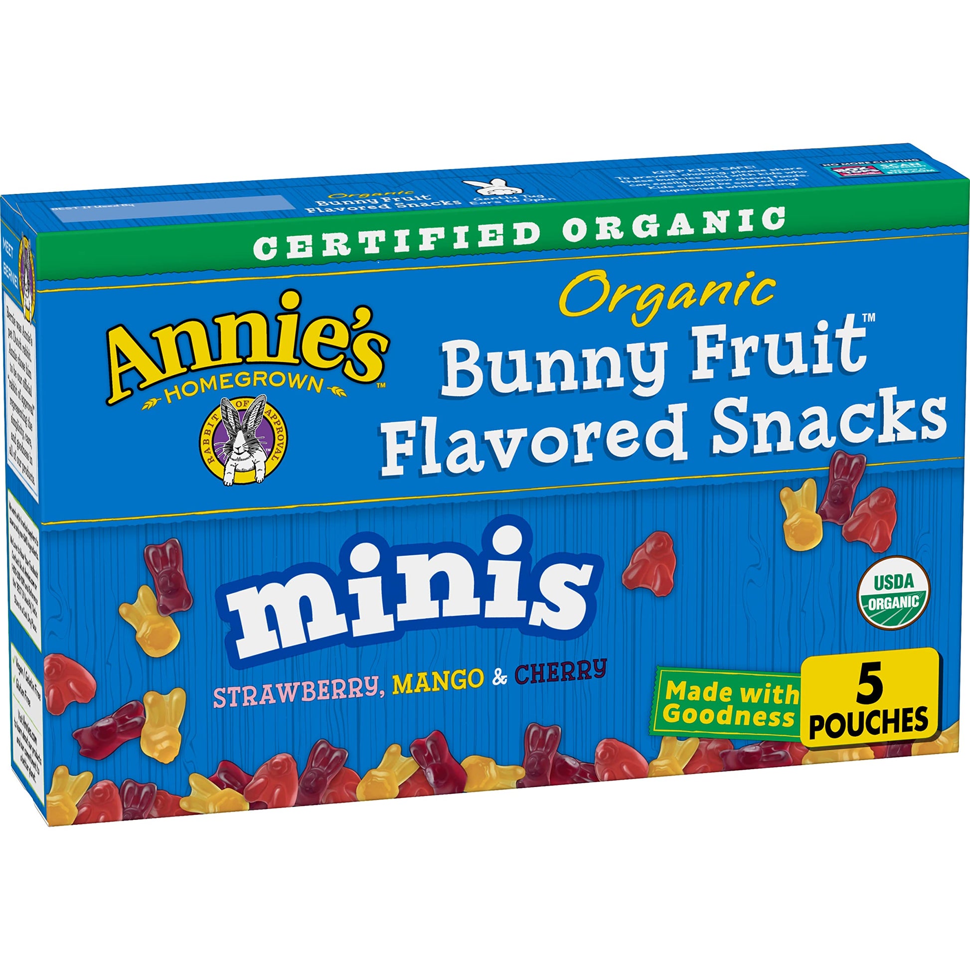Annie'S Organic Mini Bunny Fruit Flavored Snacks, Strawberry, Mango & Cherry, Gluten Free, 5 Pouches, .8 Oz