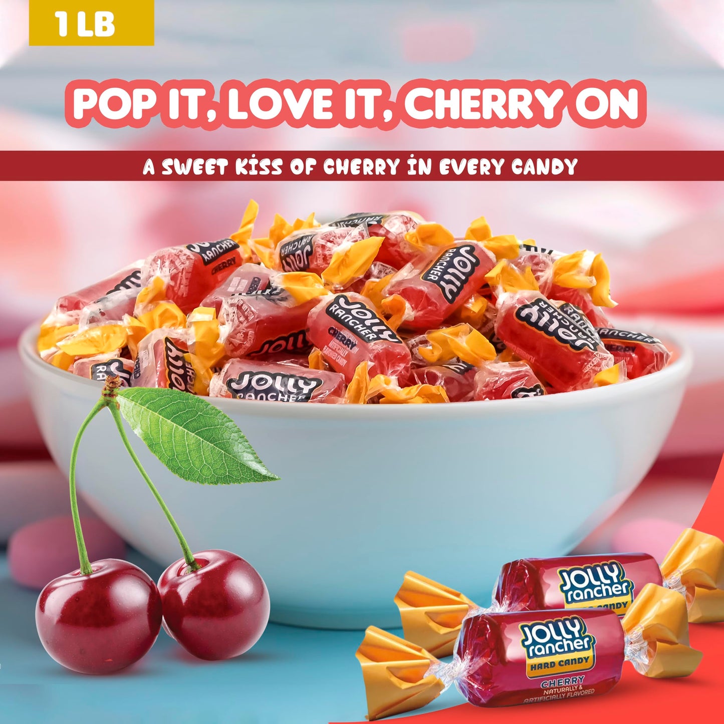 Cherry Jolly Ranchers Hard Candy - Original Flavor - 1 LB Bulk Bag (Approx. 75 Pieces) - Individually Wrapped Tart & Sweet Treat