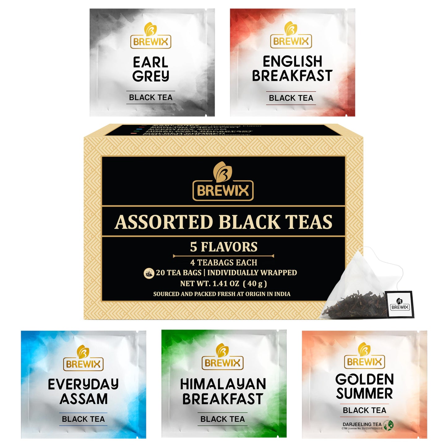 Brewix Top-High Standardssorted Black Tea Sampler Gift Box With 5 Flavors (20 Pyramid Indivdidually Wrapperd Tea Bags) | Tea Gift Set & Variety Pack | Gifts For Women & Men  Tea Set